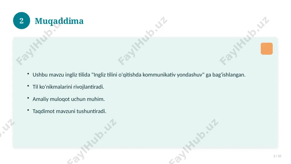 amaliy tavsiyalar 18 / 25 tizimli yondashing. ishonchli manbalardan foydalaning. bilimni amaliyotda qo'llang. natijani muntazam baholang. 18 19 tez-tez so'raladigan savollar 19 / 25 asosiy tushuncha nima? u qanday qo'llaniladi? qanday afzalliklari bor? javoblar qisqa va aniq. 19 20 eng yaxshi amaliyotlar 20 / 25 sinovdan o'tgan usullar. samarali yondashuvlar. tajriba almashish. doimiy takomillashtirish. 20 21 muammolar va yechimlar 21 / 25 mavjud muammolar. ularning sabablari. yechim yo'llari. amaliy tavsiyalar. 21 22 asosiy ko'rsatkichlar 22 / 25 ko'rsatkich holati birinchi mezon yaxshi ikkinchi mezon o'rta uchinchi mezon yuqori 22 23 amaliy misol 23 / 25 real hayotdan misol keltiriladi. bosqichlar bilan ko'rsatiladi. natija tahlil qilinadi. amaliy xulosa chiqariladi. 23 24 xulosa 24 / 25 ingliz tilini o'qitishda kommunikativ yondashuv bo'yicha asosiy jihatlar yoritildi. mavzu nazariy va amaliy ahamiyatga ega. olingan bilim amaliyotda qo'llaniladi. doimiy o'rganish tavsiya etiladi. 24 25 foydalanilgan adabiyotlar 25 / 25 tegishli darslik va o'quv qo'llanmalari. ilmiy …