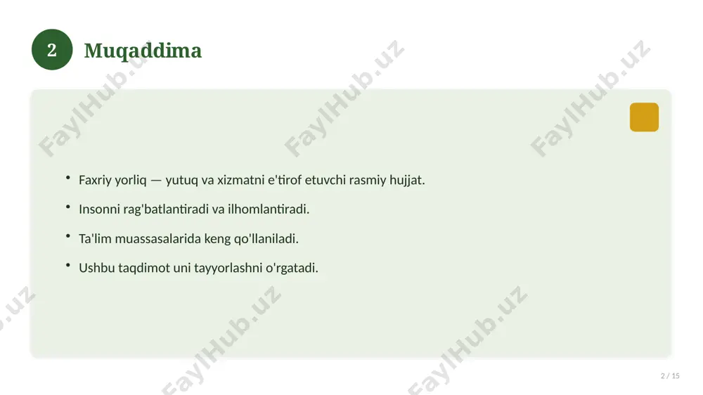 g. imloni albatta tekshiring. sifatli qog'ozga chop eting. 14 15 xulosa 15 / 15 faxriy yorliq — yutuqning rasmiy e'tirofi. to'g'ri tuzilish va dizayn muhim. tantanali topshirish ta'sirni oshiradi. manba: soff.uz namunalari. 15