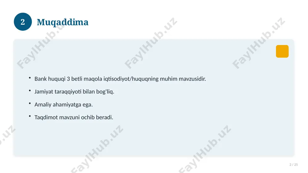 y jihatlar aniqlanadi. farqli tomonlar ko'rsatiladi. xulosalar chiqariladi. 17 18 afzallik va kamchiliklar 18 / 25 afzalliklari kamchiliklari samaradorlik murakkablik qulaylik resurs talabi tejamkorlik ayrim cheklovlar 18 19 bosqichma-bosqich yondashuv 19 / 25 1-bosqich: tayyorgarlik. 2-bosqich: amalga oshirish. 3-bosqich: tahlil. 4-bosqich: xulosa. 19 20 amaliy misol 20 / 25 real hayotdan misol keltiriladi. bosqichlar bilan ko'rsatiladi. natija tahlil qilinadi. amaliy xulosa chiqariladi. 20 21 asosiy ko'rsatkichlar 21 / 25 ko'rsatkich holati birinchi mezon yaxshi ikkinchi mezon o'rta uchinchi mezon yuqori 21 22 muammolar va yechimlar 22 / 25 mavjud muammolar. ularning sabablari. yechim yo'llari. amaliy tavsiyalar. 22 23 eng yaxshi amaliyotlar 23 / 25 sinovdan o'tgan usullar. samarali yondashuvlar. tajriba almashish. doimiy takomillashtirish. 23 24 xulosa 24 / 25 bank huquqi 3 betli maqola bo'yicha asosiy jihatlar yoritildi. mavzu nazariy va amaliy ahamiyatga ega. olingan bilim amaliyotda qo'llaniladi. doimiy o'rganish tavsiya etiladi. 24 25 foydalanilgan adabiyotlar 25 / 25 tegishli …