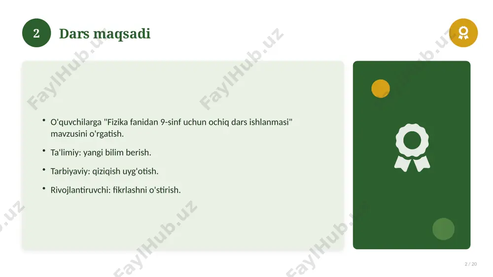 y rivoji 16 / 20 mavzu vaqt o'tishi bilan rivojlangan. asosiy bosqichlar kuzatiladi. muhim o'zgarishlar yuz bergan. hozirgi holatga ta'sir ko'rsatgan. 16 17 zamonaviy holati 17 / 20 bugungi kundagi ahvol. yangi yondashuvlar paydo bo'lmoqda. dolzarb tendensiyalar. amaliy qo'llanilishi kengaymoqda. 17 18 qiyosiy tahlil 18 / 20 o'xshash hodisalar bilan solishtirish. umumiy jihatlar aniqlanadi. farqli tomonlar ko'rsatiladi. xulosalar chiqariladi. 18 19 xulosa 19 / 20 fizika fanidan 9-sinf uchun ochiq dars ishlanmasi bo'yicha asosiy jihatlar yoritildi. mavzu nazariy va amaliy ahamiyatga ega. olingan bilim amaliyotda qo'llaniladi. doimiy o'rganish tavsiya etiladi. 19 20 foydalanilgan adabiyotlar 20 / 20 tegishli darslik va o'quv qo'llanmalari. ilmiy maqola va manbalar. internet va elektron resurslar. manba: soff.uz · 2026. 20 image-1-1.png image-1-2.png image-1-3.png image-1-4.png image-2-1.png image-2-2.png image-3-1.png image-3-2.png image-4-1.png image-4-2.png image-5-1.png image-5-2.png image-6-1.png image-7-1.png image-7-2.png image-8-1.png image-8-2.png image-9-1.png image-9-2.png image-10-1.png image-10-2.png image-11-1.png image-11-2.png image-12-1.png image-12-2.png image-13-1.png image-13-2.png image-14-1.png image-14-2.png image-15-1.png image-15-2.png image-16-1.png image-16-2.png image-17-1.png image-17-2.png …