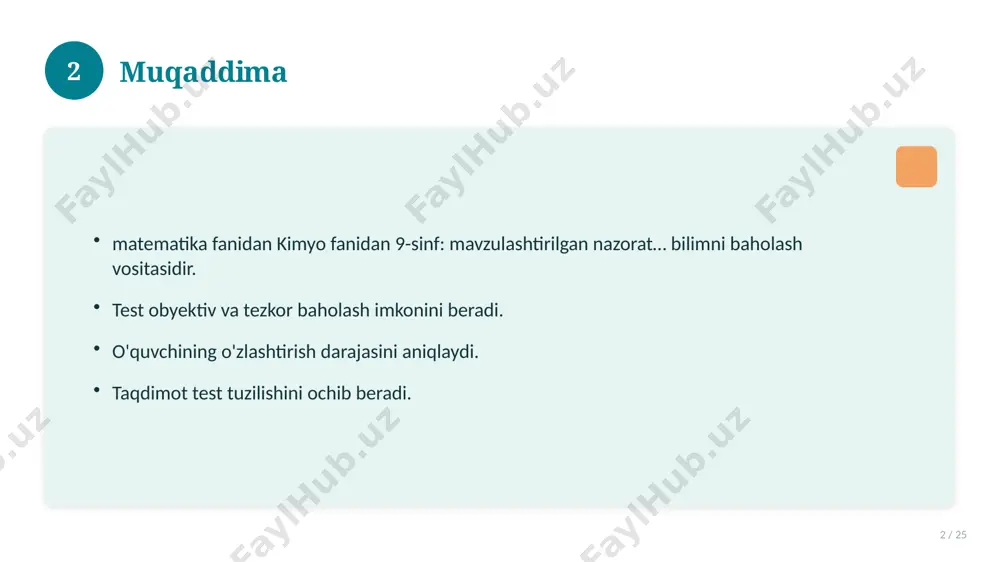 hunchalar. amaliy jihatlar. yakuniy xulosalar. 14 15 qo'shimcha resurslar 15 / 25 darslik va qo'llanmalar. onlayn manbalar. video darslar. amaliy mashqlar to'plami. 15 16 xatolardan saqlanish 16 / 25 keng tarqalgan xatolar. ularning sabablari. oldini olish yo'llari. to'g'ri yondashuv. 16 17 kelajak istiqbollari 17 / 25 rivojlanish yo'nalishlari. yangi imkoniyatlar. innovatsion yechimlar. uzoq muddatli ta'sir. 17 18 amaliy tavsiyalar 18 / 25 tizimli yondashing. ishonchli manbalardan foydalaning. bilimni amaliyotda qo'llang. natijani muntazam baholang. 18 19 tez-tez so'raladigan savollar 19 / 25 asosiy tushuncha nima? u qanday qo'llaniladi? qanday afzalliklari bor? javoblar qisqa va aniq. 19 20 eng yaxshi amaliyotlar 20 / 25 sinovdan o'tgan usullar. samarali yondashuvlar. tajriba almashish. doimiy takomillashtirish. 20 21 muammolar va yechimlar 21 / 25 mavjud muammolar. ularning sabablari. yechim yo'llari. amaliy tavsiyalar. 21 22 asosiy ko'rsatkichlar 22 / 25 ko'rsatkich holati birinchi mezon yaxshi ikkinchi mezon o'rta uchinchi mezon yuqori 22 23 amaliy misol 23 …