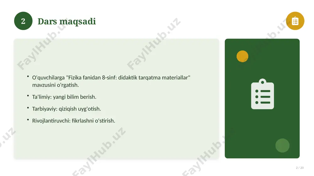 16 tarixiy rivoji 16 / 20 mavzu vaqt o'tishi bilan rivojlangan. asosiy bosqichlar kuzatiladi. muhim o'zgarishlar yuz bergan. hozirgi holatga ta'sir ko'rsatgan. 16 17 zamonaviy holati 17 / 20 bugungi kundagi ahvol. yangi yondashuvlar paydo bo'lmoqda. dolzarb tendensiyalar. amaliy qo'llanilishi kengaymoqda. 17 18 qiyosiy tahlil 18 / 20 o'xshash hodisalar bilan solishtirish. umumiy jihatlar aniqlanadi. farqli tomonlar ko'rsatiladi. xulosalar chiqariladi. 18 19 xulosa 19 / 20 fizika fanidan 8-sinf: didaktik tarqatma materiallar bo'yicha asosiy jihatlar yoritildi. mavzu nazariy va amaliy ahamiyatga ega. olingan bilim amaliyotda qo'llaniladi. doimiy o'rganish tavsiya etiladi. 19 20 foydalanilgan adabiyotlar 20 / 20 tegishli darslik va o'quv qo'llanmalari. ilmiy maqola va manbalar. internet va elektron resurslar. manba: soff.uz · 2026. 20 image-1-1.png image-1-2.png image-1-3.png image-1-4.png image-2-1.png image-2-2.png image-3-1.png image-3-2.png image-4-1.png image-4-2.png image-5-1.png image-5-2.png image-6-1.png image-7-1.png image-7-2.png image-8-1.png image-8-2.png image-9-1.png image-9-2.png image-10-1.png image-10-2.png image-11-1.png image-11-2.png image-12-1.png image-12-2.png image-13-1.png image-13-2.png image-14-1.png image-14-2.png image-15-1.png image-15-2.png image-16-1.png image-16-2.png image-17-1.png image-17-2.png …