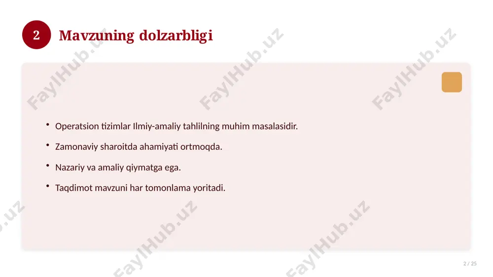 5 tizimli yondashing. ishonchli manbalardan foydalaning. bilimni amaliyotda qo'llang. natijani muntazam baholang. 18 19 tez-tez so'raladigan savollar 19 / 25 asosiy tushuncha nima? u qanday qo'llaniladi? qanday afzalliklari bor? javoblar qisqa va aniq. 19 20 eng yaxshi amaliyotlar 20 / 25 sinovdan o'tgan usullar. samarali yondashuvlar. tajriba almashish. doimiy takomillashtirish. 20 21 muammolar va yechimlar 21 / 25 mavjud muammolar. ularning sabablari. yechim yo'llari. amaliy tavsiyalar. 21 22 asosiy ko'rsatkichlar 22 / 25 ko'rsatkich holati birinchi mezon yaxshi ikkinchi mezon o'rta uchinchi mezon yuqori 22 23 amaliy misol 23 / 25 real hayotdan misol keltiriladi. bosqichlar bilan ko'rsatiladi. natija tahlil qilinadi. amaliy xulosa chiqariladi. 23 24 xulosa 24 / 25 operatsion tizimlar bo'yicha asosiy jihatlar yoritildi. mavzu nazariy va amaliy ahamiyatga ega. olingan bilim amaliyotda qo'llaniladi. doimiy o'rganish tavsiya etiladi. 24 25 foydalanilgan adabiyotlar 25 / 25 tegishli darslik va o'quv qo'llanmalari. ilmiy maqola va manbalar. internet va elektron resurslar. …