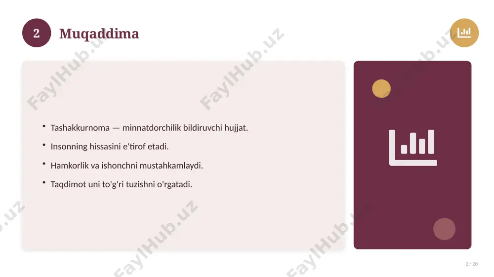 ni saqlang. imloni tekshiring. tantanali topshiring. 14 15 asosiy atamalar 15 / 20 tashakkurnoma: bolalar uchun yorqin dizayn bilan bog'liq kalit tushunchalar. atamalarning aniq ta'rifi beriladi. to'g'ri qo'llash muhim. tushunchalar o'zaro bog'liq. 15 16 tarixiy rivoji 16 / 20 mavzu vaqt o'tishi bilan rivojlangan. asosiy bosqichlar kuzatiladi. muhim o'zgarishlar yuz bergan. hozirgi holatga ta'sir ko'rsatgan. 16 17 zamonaviy holati 17 / 20 bugungi kundagi ahvol. yangi yondashuvlar paydo bo'lmoqda. dolzarb tendensiyalar. amaliy qo'llanilishi kengaymoqda. 17 18 qiyosiy tahlil 18 / 20 o'xshash hodisalar bilan solishtirish. umumiy jihatlar aniqlanadi. farqli tomonlar ko'rsatiladi. xulosalar chiqariladi. 18 19 xulosa 19 / 20 tashakkurnoma: bolalar uchun yorqin dizayn bo'yicha asosiy jihatlar yoritildi. mavzu nazariy va amaliy ahamiyatga ega. olingan bilim amaliyotda qo'llaniladi. doimiy o'rganish tavsiya etiladi. 19 20 foydalanilgan adabiyotlar 20 / 20 tegishli darslik va o'quv qo'llanmalari. ilmiy maqola va manbalar. internet va elektron resurslar. manba: soff.uz · 2026. 20 image-1-1.png image-1-2.png image-1-3.png …