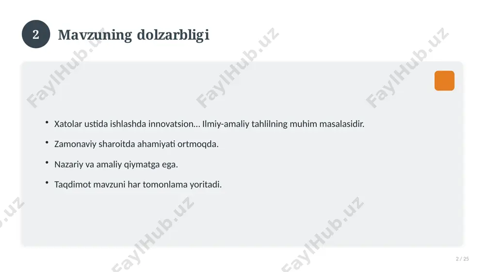 da. dolzarb tendensiyalar. amaliy qo'llanilishi kengaymoqda. 16 17 qiyosiy tahlil 17 / 25 o'xshash hodisalar bilan solishtirish. umumiy jihatlar aniqlanadi. farqli tomonlar ko'rsatiladi. xulosalar chiqariladi. 17 18 afzallik va kamchiliklar 18 / 25 afzalliklari kamchiliklari samaradorlik murakkablik qulaylik resurs talabi tejamkorlik ayrim cheklovlar 18 19 bosqichma-bosqich yondashuv 19 / 25 1-bosqich: tayyorgarlik. 2-bosqich: amalga oshirish. 3-bosqich: tahlil. 4-bosqich: xulosa. 19 20 amaliy misol 20 / 25 real hayotdan misol keltiriladi. bosqichlar bilan ko'rsatiladi. natija tahlil qilinadi. amaliy xulosa chiqariladi. 20 21 asosiy ko'rsatkichlar 21 / 25 ko'rsatkich holati birinchi mezon yaxshi ikkinchi mezon o'rta uchinchi mezon yuqori 21 22 muammolar va yechimlar 22 / 25 mavjud muammolar. ularning sabablari. yechim yo'llari. amaliy tavsiyalar. 22 23 eng yaxshi amaliyotlar 23 / 25 sinovdan o'tgan usullar. samarali yondashuvlar. tajriba almashish. doimiy takomillashtirish. 23 24 xulosa 24 / 25 xatolar ustida ishlashda innovatsion… bo'yicha asosiy jihatlar yoritildi. mavzu nazariy va amaliy ahamiyatga ega. …