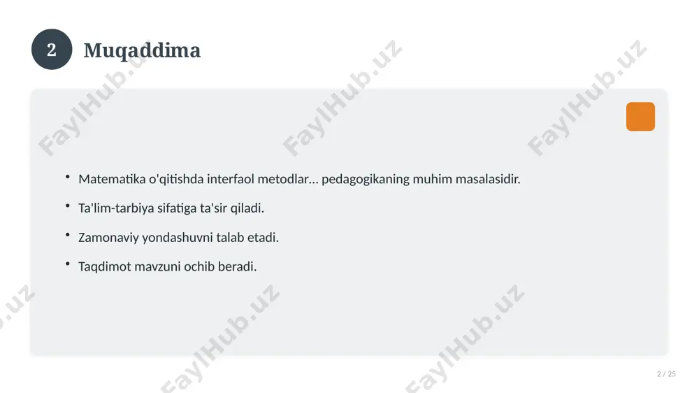 . uzoq muddatli ta'sir. 17 18 amaliy tavsiyalar 18 / 25 tizimli yondashing. ishonchli manbalardan foydalaning. bilimni amaliyotda qo'llang. natijani muntazam baholang. 18 19 tez-tez so'raladigan savollar 19 / 25 asosiy tushuncha nima? u qanday qo'llaniladi? qanday afzalliklari bor? javoblar qisqa va aniq. 19 20 eng yaxshi amaliyotlar 20 / 25 sinovdan o'tgan usullar. samarali yondashuvlar. tajriba almashish. doimiy takomillashtirish. 20 21 muammolar va yechimlar 21 / 25 mavjud muammolar. ularning sabablari. yechim yo'llari. amaliy tavsiyalar. 21 22 asosiy ko'rsatkichlar 22 / 25 ko'rsatkich holati birinchi mezon yaxshi ikkinchi mezon o'rta uchinchi mezon yuqori 22 23 amaliy misol 23 / 25 real hayotdan misol keltiriladi. bosqichlar bilan ko'rsatiladi. natija tahlil qilinadi. amaliy xulosa chiqariladi. 23 24 xulosa 24 / 25 matematika o'qitishda interfaol metodlar… bo'yicha asosiy jihatlar yoritildi. mavzu nazariy va amaliy ahamiyatga ega. olingan bilim amaliyotda qo'llaniladi. doimiy o'rganish tavsiya etiladi. 24 25 foydalanilgan adabiyotlar 25 / 25 tegishli …