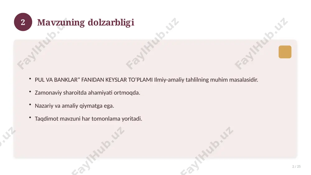 ta'sir. 17 18 amaliy tavsiyalar 18 / 25 tizimli yondashing. ishonchli manbalardan foydalaning. bilimni amaliyotda qo'llang. natijani muntazam baholang. 18 19 tez-tez so'raladigan savollar 19 / 25 asosiy tushuncha nima? u qanday qo'llaniladi? qanday afzalliklari bor? javoblar qisqa va aniq. 19 20 eng yaxshi amaliyotlar 20 / 25 sinovdan o'tgan usullar. samarali yondashuvlar. tajriba almashish. doimiy takomillashtirish. 20 21 muammolar va yechimlar 21 / 25 mavjud muammolar. ularning sabablari. yechim yo'llari. amaliy tavsiyalar. 21 22 asosiy ko'rsatkichlar 22 / 25 ko'rsatkich holati birinchi mezon yaxshi ikkinchi mezon o'rta uchinchi mezon yuqori 22 23 amaliy misol 23 / 25 real hayotdan misol keltiriladi. bosqichlar bilan ko'rsatiladi. natija tahlil qilinadi. amaliy xulosa chiqariladi. 23 24 xulosa 24 / 25 pul va banklar" fanidan keyslar to‘plami bo'yicha asosiy jihatlar yoritildi. mavzu nazariy va amaliy ahamiyatga ega. olingan bilim amaliyotda qo'llaniladi. doimiy o'rganish tavsiya etiladi. 24 25 foydalanilgan adabiyotlar 25 / 25 tegishli darslik …