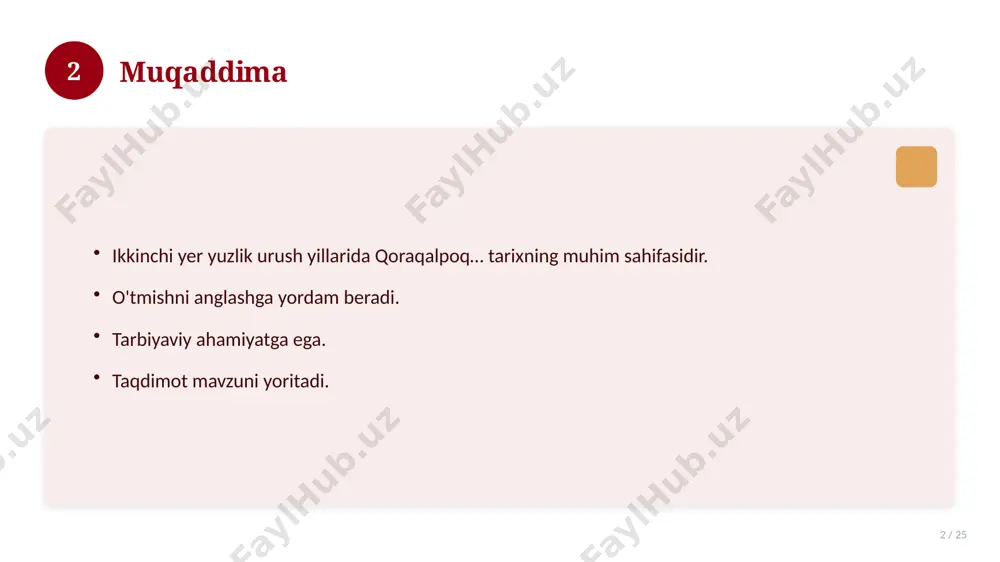 izimli yondashing. ishonchli manbalardan foydalaning. bilimni amaliyotda qo'llang. natijani muntazam baholang. 18 19 tez-tez so'raladigan savollar 19 / 25 asosiy tushuncha nima? u qanday qo'llaniladi? qanday afzalliklari bor? javoblar qisqa va aniq. 19 20 eng yaxshi amaliyotlar 20 / 25 sinovdan o'tgan usullar. samarali yondashuvlar. tajriba almashish. doimiy takomillashtirish. 20 21 muammolar va yechimlar 21 / 25 mavjud muammolar. ularning sabablari. yechim yo'llari. amaliy tavsiyalar. 21 22 asosiy ko'rsatkichlar 22 / 25 ko'rsatkich holati birinchi mezon yaxshi ikkinchi mezon o'rta uchinchi mezon yuqori 22 23 amaliy misol 23 / 25 real hayotdan misol keltiriladi. bosqichlar bilan ko'rsatiladi. natija tahlil qilinadi. amaliy xulosa chiqariladi. 23 24 xulosa 24 / 25 ikkinchi yer yuzlik urush yillarida qoraqalpoq… bo'yicha asosiy jihatlar yoritildi. mavzu nazariy va amaliy ahamiyatga ega. olingan bilim amaliyotda qo'llaniladi. doimiy o'rganish tavsiya etiladi. 24 25 foydalanilgan adabiyotlar 25 / 25 tegishli darslik va o'quv qo'llanmalari. ilmiy maqola va manbalar. internet …