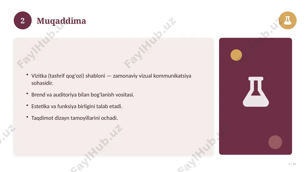 tomonlar ko'rsatiladi. xulosalar chiqariladi. 17 18 afzallik va kamchiliklar 18 / 20 afzalliklari kamchiliklari samaradorlik murakkablik qulaylik resurs talabi tejamkorlik ayrim cheklovlar 18 19 xulosa 19 / 20 vizitka (tashrif qog'ozi) shabloni bo'yicha asosiy jihatlar yoritildi. mavzu nazariy va amaliy ahamiyatga ega. olingan bilim amaliyotda qo'llaniladi. doimiy o'rganish tavsiya etiladi. 19 20 foydalanilgan adabiyotlar 20 / 20 tegishli darslik va o'quv qo'llanmalari. ilmiy maqola va manbalar. internet va elektron resurslar. manba: soff.uz · 2026. 20 image-1-1.png image-1-2.png image-1-3.png image-1-4.png image-2-1.png image-2-2.png image-3-1.png image-3-2.png image-4-1.png image-4-2.png image-5-1.png image-5-2.png image-6-1.png image-6-2.png image-7-1.png image-8-1.png image-8-2.png image-9-1.png image-9-2.png image-10-1.png image-10-2.png image-11-1.png image-11-2.png image-12-1.png image-12-2.png image-13-1.png image-13-2.png image-14-1.png image-14-2.png image-15-1.png image-15-2.png image-16-1.png image-16-2.png image-17-1.png image-17-2.png image-18-1.png image-19-1.png image-19-2.png image-20-1.png image-20-2.png