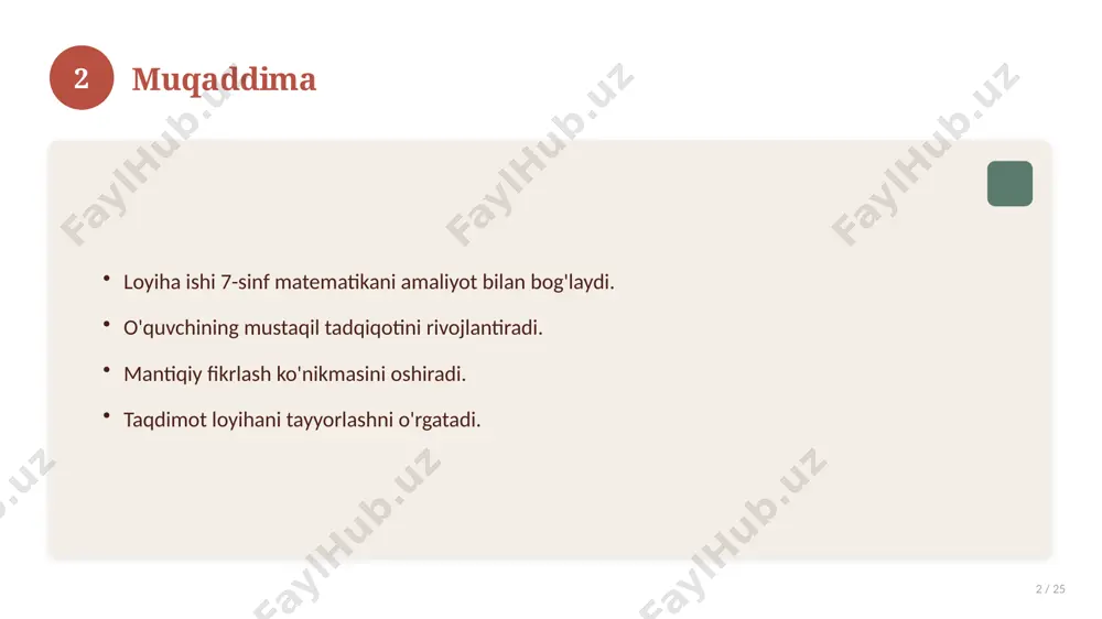 / 25 keng tarqalgan xatolar. ularning sabablari. oldini olish yo'llari. to'g'ri yondashuv. 16 17 kelajak istiqbollari 17 / 25 rivojlanish yo'nalishlari. yangi imkoniyatlar. innovatsion yechimlar. uzoq muddatli ta'sir. 17 18 amaliy tavsiyalar 18 / 25 tizimli yondashing. ishonchli manbalardan foydalaning. bilimni amaliyotda qo'llang. natijani muntazam baholang. 18 19 tez-tez so'raladigan savollar 19 / 25 asosiy tushuncha nima? u qanday qo'llaniladi? qanday afzalliklari bor? javoblar qisqa va aniq. 19 20 eng yaxshi amaliyotlar 20 / 25 sinovdan o'tgan usullar. samarali yondashuvlar. tajriba almashish. doimiy takomillashtirish. 20 21 muammolar va yechimlar 21 / 25 mavjud muammolar. ularning sabablari. yechim yo'llari. amaliy tavsiyalar. 21 22 asosiy ko'rsatkichlar 22 / 25 ko'rsatkich holati birinchi mezon yaxshi ikkinchi mezon o'rta uchinchi mezon yuqori 22 23 amaliy misol 23 / 25 real hayotdan misol keltiriladi. bosqichlar bilan ko'rsatiladi. natija tahlil qilinadi. amaliy xulosa chiqariladi. 23 24 xulosa 24 / 25 7-sinf matematika fanidan loyiha ishi bo'yicha …