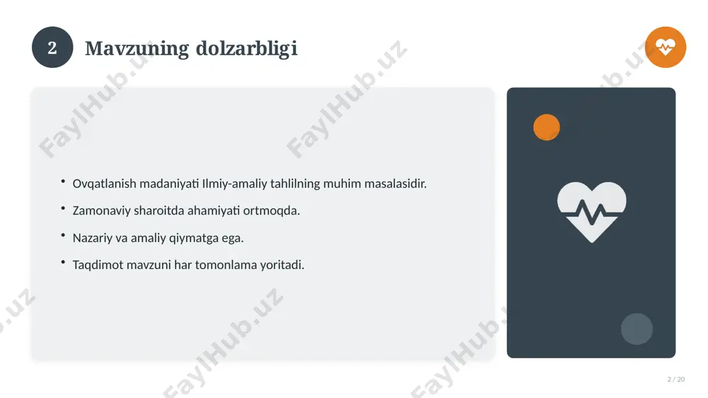 siy tahlil 17 / 20 o'xshash hodisalar bilan solishtirish. umumiy jihatlar aniqlanadi. farqli tomonlar ko'rsatiladi. xulosalar chiqariladi. 17 18 afzallik va kamchiliklar 18 / 20 afzalliklari kamchiliklari samaradorlik murakkablik qulaylik resurs talabi tejamkorlik ayrim cheklovlar 18 19 xulosa 19 / 20 ovqatlanish madaniyati bo'yicha asosiy jihatlar yoritildi. mavzu nazariy va amaliy ahamiyatga ega. olingan bilim amaliyotda qo'llaniladi. doimiy o'rganish tavsiya etiladi. 19 20 foydalanilgan adabiyotlar 20 / 20 tegishli darslik va o'quv qo'llanmalari. ilmiy maqola va manbalar. internet va elektron resurslar. manba: soff.uz · 2026. 20 image-1-1.png image-1-2.png image-1-3.png image-1-4.png image-2-1.png image-2-2.png image-3-1.png image-3-2.png image-4-1.png image-4-2.png image-5-1.png image-5-2.png image-6-1.png image-6-2.png image-7-1.png image-7-2.png image-8-1.png image-9-1.png image-9-2.png image-10-1.png image-10-2.png image-11-1.png image-11-2.png image-12-1.png image-12-2.png image-13-1.png image-13-2.png image-14-1.png image-14-2.png image-15-1.png image-15-2.png image-16-1.png image-16-2.png image-17-1.png image-17-2.png image-18-1.png image-19-1.png image-19-2.png image-20-1.png image-20-2.png