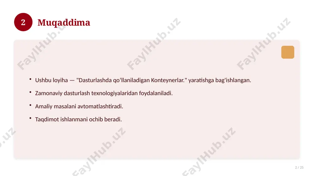 igan konteynerlar. bilan bog'liq kalit tushunchalar. atamalarning aniq ta'rifi beriladi. to'g'ri qo'llash muhim. tushunchalar o'zaro bog'liq. 15 16 tarixiy rivoji 16 / 25 mavzu vaqt o'tishi bilan rivojlangan. asosiy bosqichlar kuzatiladi. muhim o'zgarishlar yuz bergan. hozirgi holatga ta'sir ko'rsatgan. 16 17 zamonaviy holati 17 / 25 bugungi kundagi ahvol. yangi yondashuvlar paydo bo'lmoqda. dolzarb tendensiyalar. amaliy qo'llanilishi kengaymoqda. 17 18 qiyosiy tahlil 18 / 25 o'xshash hodisalar bilan solishtirish. umumiy jihatlar aniqlanadi. farqli tomonlar ko'rsatiladi. xulosalar chiqariladi. 18 19 afzallik va kamchiliklar 19 / 25 afzalliklari kamchiliklari samaradorlik murakkablik qulaylik resurs talabi tejamkorlik ayrim cheklovlar 19 20 bosqichma-bosqich yondashuv 20 / 25 1-bosqich: tayyorgarlik. 2-bosqich: amalga oshirish. 3-bosqich: tahlil. 4-bosqich: xulosa. 20 21 amaliy misol 21 / 25 real hayotdan misol keltiriladi. bosqichlar bilan ko'rsatiladi. natija tahlil qilinadi. amaliy xulosa chiqariladi. 21 22 asosiy ko'rsatkichlar 22 / 25 ko'rsatkich holati birinchi mezon yaxshi ikkinchi mezon o'rta uchinchi mezon yuqori 22 …