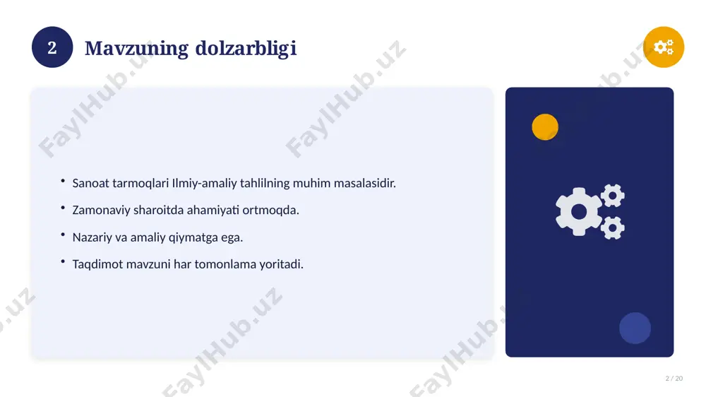 20 o'xshash hodisalar bilan solishtirish. umumiy jihatlar aniqlanadi. farqli tomonlar ko'rsatiladi. xulosalar chiqariladi. 17 18 afzallik va kamchiliklar 18 / 20 afzalliklari kamchiliklari samaradorlik murakkablik qulaylik resurs talabi tejamkorlik ayrim cheklovlar 18 19 xulosa 19 / 20 sanoat tarmoqlari bo'yicha asosiy jihatlar yoritildi. mavzu nazariy va amaliy ahamiyatga ega. olingan bilim amaliyotda qo'llaniladi. doimiy o'rganish tavsiya etiladi. 19 20 foydalanilgan adabiyotlar 20 / 20 tegishli darslik va o'quv qo'llanmalari. ilmiy maqola va manbalar. internet va elektron resurslar. manba: soff.uz · 2026. 20 image-1-1.png image-1-2.png image-1-3.png image-1-4.png image-2-1.png image-2-2.png image-3-1.png image-3-2.png image-4-1.png image-4-2.png image-5-1.png image-5-2.png image-6-1.png image-6-2.png image-7-1.png image-7-2.png image-8-1.png image-9-1.png image-9-2.png image-10-1.png image-10-2.png image-11-1.png image-11-2.png image-12-1.png image-12-2.png image-13-1.png image-13-2.png image-14-1.png image-14-2.png image-15-1.png image-15-2.png image-16-1.png image-16-2.png image-17-1.png image-17-2.png image-18-1.png image-19-1.png image-19-2.png image-20-1.png image-20-2.png