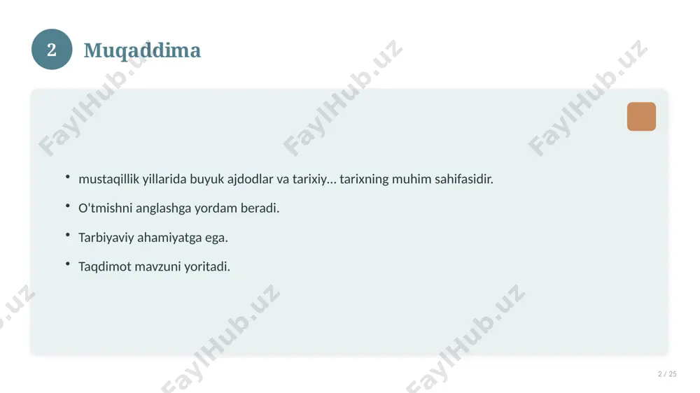 25 o'xshash hodisalar bilan solishtirish. umumiy jihatlar aniqlanadi. farqli tomonlar ko'rsatiladi. xulosalar chiqariladi. 17 18 afzallik va kamchiliklar 18 / 25 afzalliklari kamchiliklari samaradorlik murakkablik qulaylik resurs talabi tejamkorlik ayrim cheklovlar 18 19 bosqichma-bosqich yondashuv 19 / 25 1-bosqich: tayyorgarlik. 2-bosqich: amalga oshirish. 3-bosqich: tahlil. 4-bosqich: xulosa. 19 20 amaliy misol 20 / 25 real hayotdan misol keltiriladi. bosqichlar bilan ko'rsatiladi. natija tahlil qilinadi. amaliy xulosa chiqariladi. 20 21 asosiy ko'rsatkichlar 21 / 25 ko'rsatkich holati birinchi mezon yaxshi ikkinchi mezon o'rta uchinchi mezon yuqori 21 22 muammolar va yechimlar 22 / 25 mavjud muammolar. ularning sabablari. yechim yo'llari. amaliy tavsiyalar. 22 23 eng yaxshi amaliyotlar 23 / 25 sinovdan o'tgan usullar. samarali yondashuvlar. tajriba almashish. doimiy takomillashtirish. 23 24 xulosa 24 / 25 mustaqillik yillarida buyuk ajdodlar va tarixiy… bo'yicha asosiy jihatlar yoritildi. mavzu nazariy va amaliy ahamiyatga ega. olingan bilim amaliyotda qo'llaniladi. doimiy o'rganish tavsiya etiladi. 24 25 …