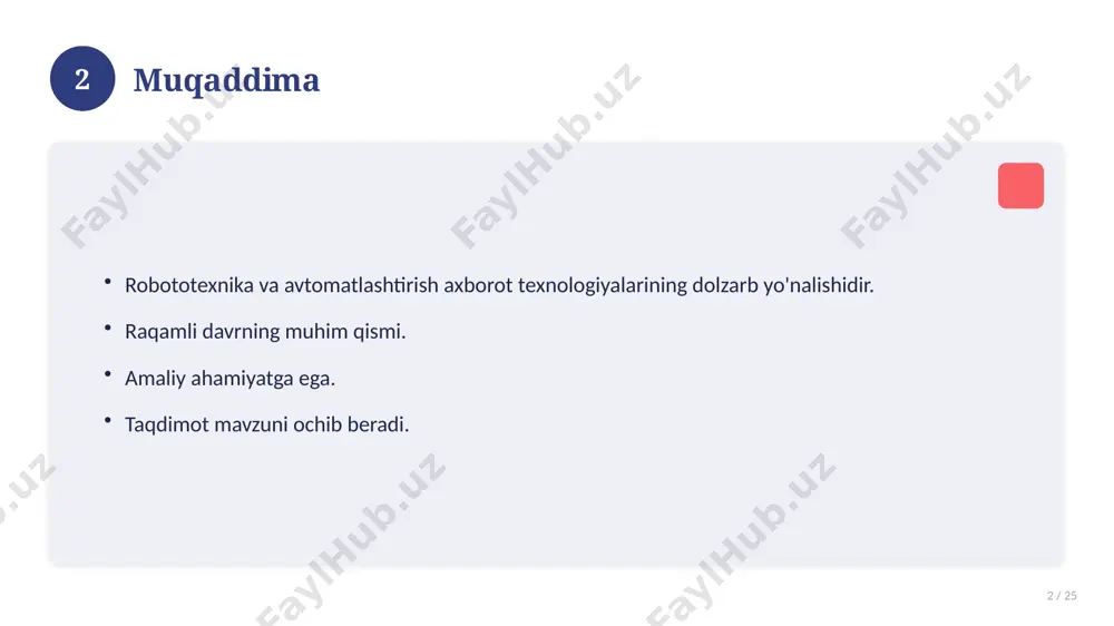 ing. ishonchli manbalardan foydalaning. bilimni amaliyotda qo'llang. natijani muntazam baholang. 18 19 tez-tez so'raladigan savollar 19 / 25 asosiy tushuncha nima? u qanday qo'llaniladi? qanday afzalliklari bor? javoblar qisqa va aniq. 19 20 eng yaxshi amaliyotlar 20 / 25 sinovdan o'tgan usullar. samarali yondashuvlar. tajriba almashish. doimiy takomillashtirish. 20 21 muammolar va yechimlar 21 / 25 mavjud muammolar. ularning sabablari. yechim yo'llari. amaliy tavsiyalar. 21 22 asosiy ko'rsatkichlar 22 / 25 ko'rsatkich holati birinchi mezon yaxshi ikkinchi mezon o'rta uchinchi mezon yuqori 22 23 amaliy misol 23 / 25 real hayotdan misol keltiriladi. bosqichlar bilan ko'rsatiladi. natija tahlil qilinadi. amaliy xulosa chiqariladi. 23 24 xulosa 24 / 25 robototexnika va avtomatlashtirish bo'yicha asosiy jihatlar yoritildi. mavzu nazariy va amaliy ahamiyatga ega. olingan bilim amaliyotda qo'llaniladi. doimiy o'rganish tavsiya etiladi. 24 25 foydalanilgan adabiyotlar 25 / 25 tegishli darslik va o'quv qo'llanmalari. ilmiy maqola va manbalar. internet va elektron resurslar. manba: …