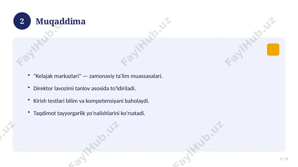 an rejim 13 / 15 kuniga 1-2 soat muntazam o'qish. har hafta sinov testi topshiring. xatolar ustida ishlang. yetarli dam va uyqu — diqqat uchun muhim. 13 14 suhbat bosqichi 14 / 15 tashqi ko'rinish va xulq muhim. aniq va ishonchli javob bering. markaz rivoji bo'yicha tasavvuringizni ayting. savollarni diqqat bilan tinglang. 14 15 xulosa 15 / 15 tizimli tayyorgarlik muvaffaqiyat kaliti. bilim, amaliyot va o'ziga ishonch zarur. manba va testlarni muntazam ishlang. manba: soff.uz · 2026. 15