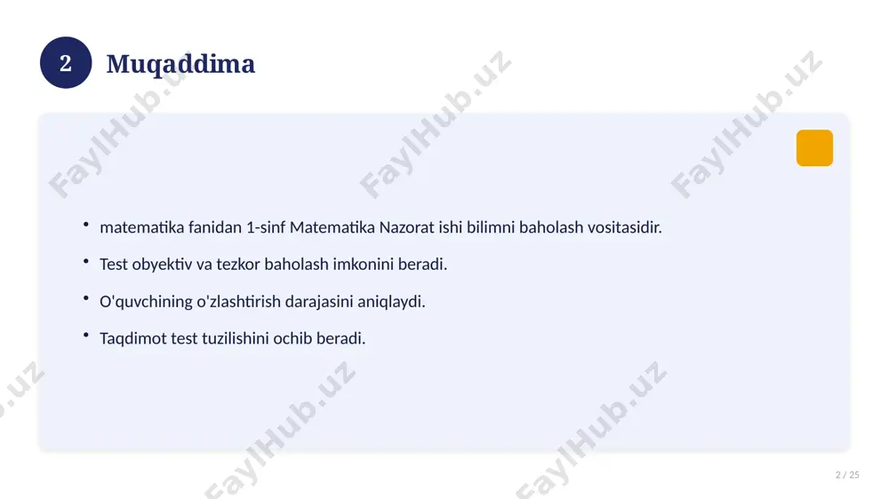 'shimcha resurslar 15 / 25 darslik va qo'llanmalar. onlayn manbalar. video darslar. amaliy mashqlar to'plami. 15 16 xatolardan saqlanish 16 / 25 keng tarqalgan xatolar. ularning sabablari. oldini olish yo'llari. to'g'ri yondashuv. 16 17 kelajak istiqbollari 17 / 25 rivojlanish yo'nalishlari. yangi imkoniyatlar. innovatsion yechimlar. uzoq muddatli ta'sir. 17 18 amaliy tavsiyalar 18 / 25 tizimli yondashing. ishonchli manbalardan foydalaning. bilimni amaliyotda qo'llang. natijani muntazam baholang. 18 19 tez-tez so'raladigan savollar 19 / 25 asosiy tushuncha nima? u qanday qo'llaniladi? qanday afzalliklari bor? javoblar qisqa va aniq. 19 20 eng yaxshi amaliyotlar 20 / 25 sinovdan o'tgan usullar. samarali yondashuvlar. tajriba almashish. doimiy takomillashtirish. 20 21 muammolar va yechimlar 21 / 25 mavjud muammolar. ularning sabablari. yechim yo'llari. amaliy tavsiyalar. 21 22 asosiy ko'rsatkichlar 22 / 25 ko'rsatkich holati birinchi mezon yaxshi ikkinchi mezon o'rta uchinchi mezon yuqori 22 23 amaliy misol 23 / 25 real hayotdan misol keltiriladi. bosqichlar …