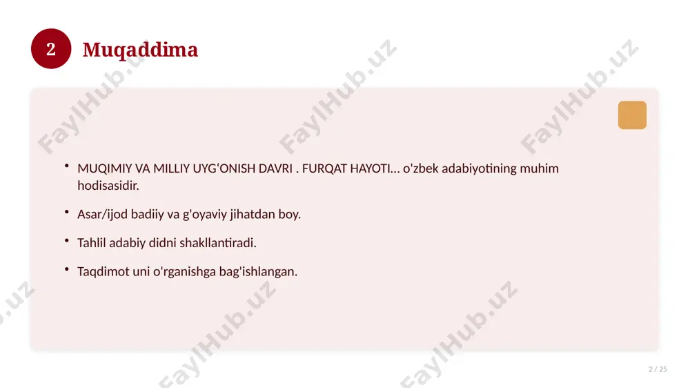 irgi holatga ta'sir ko'rsatgan. 15 16 zamonaviy holati 16 / 25 bugungi kundagi ahvol. yangi yondashuvlar paydo bo'lmoqda. dolzarb tendensiyalar. amaliy qo'llanilishi kengaymoqda. 16 17 qiyosiy tahlil 17 / 25 o'xshash hodisalar bilan solishtirish. umumiy jihatlar aniqlanadi. farqli tomonlar ko'rsatiladi. xulosalar chiqariladi. 17 18 afzallik va kamchiliklar 18 / 25 afzalliklari kamchiliklari samaradorlik murakkablik qulaylik resurs talabi tejamkorlik ayrim cheklovlar 18 19 bosqichma-bosqich yondashuv 19 / 25 1-bosqich: tayyorgarlik. 2-bosqich: amalga oshirish. 3-bosqich: tahlil. 4-bosqich: xulosa. 19 20 amaliy misol 20 / 25 real hayotdan misol keltiriladi. bosqichlar bilan ko'rsatiladi. natija tahlil qilinadi. amaliy xulosa chiqariladi. 20 21 asosiy ko'rsatkichlar 21 / 25 ko'rsatkich holati birinchi mezon yaxshi ikkinchi mezon o'rta uchinchi mezon yuqori 21 22 muammolar va yechimlar 22 / 25 mavjud muammolar. ularning sabablari. yechim yo'llari. amaliy tavsiyalar. 22 23 eng yaxshi amaliyotlar 23 / 25 sinovdan o'tgan usullar. samarali yondashuvlar. tajriba almashish. doimiy takomillashtirish. 23 24 xulosa …