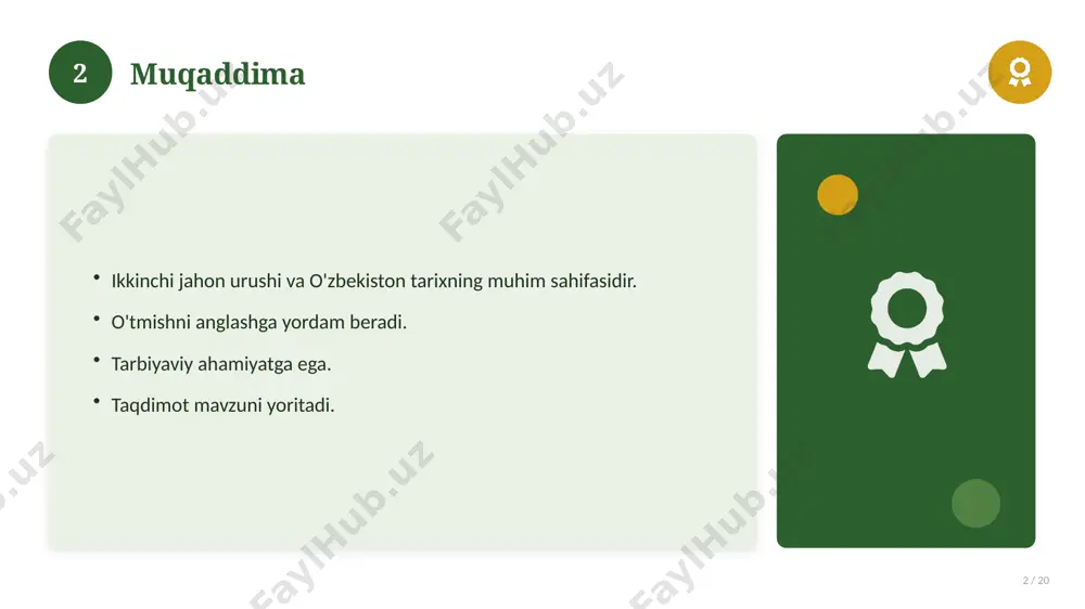 aniqlanadi. farqli tomonlar ko'rsatiladi. xulosalar chiqariladi. 17 18 afzallik va kamchiliklar 18 / 20 afzalliklari kamchiliklari samaradorlik murakkablik qulaylik resurs talabi tejamkorlik ayrim cheklovlar 18 19 xulosa 19 / 20 ikkinchi jahon urushi va o'zbekiston bo'yicha asosiy jihatlar yoritildi. mavzu nazariy va amaliy ahamiyatga ega. olingan bilim amaliyotda qo'llaniladi. doimiy o'rganish tavsiya etiladi. 19 20 foydalanilgan adabiyotlar 20 / 20 tegishli darslik va o'quv qo'llanmalari. ilmiy maqola va manbalar. internet va elektron resurslar. manba: soff.uz · 2026. 20 image-1-1.png image-1-2.png image-1-3.png image-1-4.png image-2-1.png image-2-2.png image-3-1.png image-3-2.png image-4-1.png image-4-2.png image-5-1.png image-5-2.png image-6-1.png image-6-2.png image-7-1.png image-7-2.png image-8-1.png image-9-1.png image-9-2.png image-10-1.png image-10-2.png image-11-1.png image-11-2.png image-12-1.png image-12-2.png image-13-1.png image-13-2.png image-14-1.png image-14-2.png image-15-1.png image-15-2.png image-16-1.png image-16-2.png image-17-1.png image-17-2.png image-18-1.png image-19-1.png image-19-2.png image-20-1.png image-20-2.png