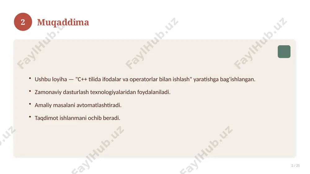 rlar. muhim tushunchalar. amaliy jihatlar. yakuniy xulosalar. 15 16 qo'shimcha resurslar 16 / 25 darslik va qo'llanmalar. onlayn manbalar. video darslar. amaliy mashqlar to'plami. 16 17 xatolardan saqlanish 17 / 25 keng tarqalgan xatolar. ularning sabablari. oldini olish yo'llari. to'g'ri yondashuv. 17 18 kelajak istiqbollari 18 / 25 rivojlanish yo'nalishlari. yangi imkoniyatlar. innovatsion yechimlar. uzoq muddatli ta'sir. 18 19 amaliy tavsiyalar 19 / 25 tizimli yondashing. ishonchli manbalardan foydalaning. bilimni amaliyotda qo'llang. natijani muntazam baholang. 19 20 tez-tez so'raladigan savollar 20 / 25 asosiy tushuncha nima? u qanday qo'llaniladi? qanday afzalliklari bor? javoblar qisqa va aniq. 20 21 eng yaxshi amaliyotlar 21 / 25 sinovdan o'tgan usullar. samarali yondashuvlar. tajriba almashish. doimiy takomillashtirish. 21 22 muammolar va yechimlar 22 / 25 mavjud muammolar. ularning sabablari. yechim yo'llari. amaliy tavsiyalar. 22 23 asosiy ko'rsatkichlar 23 / 25 ko'rsatkich holati birinchi mezon yaxshi ikkinchi mezon o'rta uchinchi mezon yuqori 23 24 xulosa …