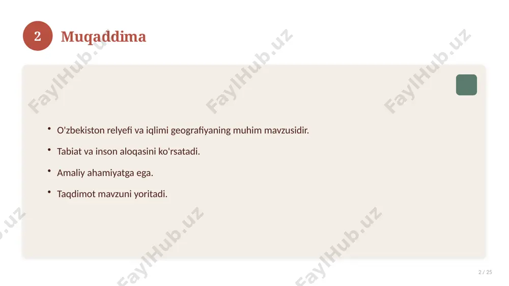 cha nima? u qanday qo'llaniladi? qanday afzalliklari bor? javoblar qisqa va aniq. 19 20 eng yaxshi amaliyotlar 20 / 25 sinovdan o'tgan usullar. samarali yondashuvlar. tajriba almashish. doimiy takomillashtirish. 20 21 muammolar va yechimlar 21 / 25 mavjud muammolar. ularning sabablari. yechim yo'llari. amaliy tavsiyalar. 21 22 asosiy ko'rsatkichlar 22 / 25 ko'rsatkich holati birinchi mezon yaxshi ikkinchi mezon o'rta uchinchi mezon yuqori 22 23 amaliy misol 23 / 25 real hayotdan misol keltiriladi. bosqichlar bilan ko'rsatiladi. natija tahlil qilinadi. amaliy xulosa chiqariladi. 23 24 xulosa 24 / 25 o'zbekiston relyefi va iqlimi bo'yicha asosiy jihatlar yoritildi. mavzu nazariy va amaliy ahamiyatga ega. olingan bilim amaliyotda qo'llaniladi. doimiy o'rganish tavsiya etiladi. 24 25 foydalanilgan adabiyotlar 25 / 25 tegishli darslik va o'quv qo'llanmalari. ilmiy maqola va manbalar. internet va elektron resurslar. manba: soff.uz · 2026. 25