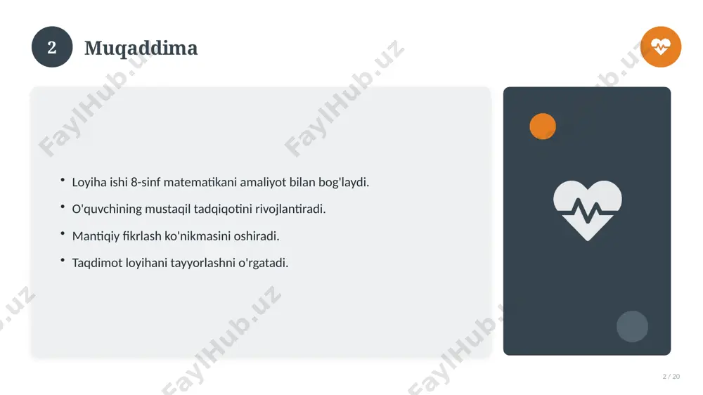 jlangan. asosiy bosqichlar kuzatiladi. muhim o'zgarishlar yuz bergan. hozirgi holatga ta'sir ko'rsatgan. 15 16 zamonaviy holati 16 / 20 bugungi kundagi ahvol. yangi yondashuvlar paydo bo'lmoqda. dolzarb tendensiyalar. amaliy qo'llanilishi kengaymoqda. 16 17 qiyosiy tahlil 17 / 20 o'xshash hodisalar bilan solishtirish. umumiy jihatlar aniqlanadi. farqli tomonlar ko'rsatiladi. xulosalar chiqariladi. 17 18 afzallik va kamchiliklar 18 / 20 afzalliklari kamchiliklari samaradorlik murakkablik qulaylik resurs talabi tejamkorlik ayrim cheklovlar 18 19 xulosa 19 / 20 matematika fanidan 8-sinf loyiha ishi bo'yicha asosiy jihatlar yoritildi. mavzu nazariy va amaliy ahamiyatga ega. olingan bilim amaliyotda qo'llaniladi. doimiy o'rganish tavsiya etiladi. 19 20 foydalanilgan adabiyotlar 20 / 20 tegishli darslik va o'quv qo'llanmalari. ilmiy maqola va manbalar. internet va elektron resurslar. manba: soff.uz · 2026. 20 image-1-1.png image-1-2.png image-1-3.png image-1-4.png image-2-1.png image-2-2.png image-3-1.png image-3-2.png image-4-1.png image-4-2.png image-5-1.png image-5-2.png image-6-1.png image-6-2.png image-7-1.png image-7-2.png image-8-1.png image-9-1.png image-9-2.png image-10-1.png image-10-2.png image-11-1.png image-11-2.png image-12-1.png image-13-1.png image-13-2.png image-14-1.png image-14-2.png …