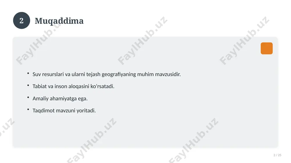 shuncha nima? u qanday qo'llaniladi? qanday afzalliklari bor? javoblar qisqa va aniq. 19 20 eng yaxshi amaliyotlar 20 / 25 sinovdan o'tgan usullar. samarali yondashuvlar. tajriba almashish. doimiy takomillashtirish. 20 21 muammolar va yechimlar 21 / 25 mavjud muammolar. ularning sabablari. yechim yo'llari. amaliy tavsiyalar. 21 22 asosiy ko'rsatkichlar 22 / 25 ko'rsatkich holati birinchi mezon yaxshi ikkinchi mezon o'rta uchinchi mezon yuqori 22 23 amaliy misol 23 / 25 real hayotdan misol keltiriladi. bosqichlar bilan ko'rsatiladi. natija tahlil qilinadi. amaliy xulosa chiqariladi. 23 24 xulosa 24 / 25 suv resurslari va ularni tejash bo'yicha asosiy jihatlar yoritildi. mavzu nazariy va amaliy ahamiyatga ega. olingan bilim amaliyotda qo'llaniladi. doimiy o'rganish tavsiya etiladi. 24 25 foydalanilgan adabiyotlar 25 / 25 tegishli darslik va o'quv qo'llanmalari. ilmiy maqola va manbalar. internet va elektron resurslar. manba: soff.uz · 2026. 25