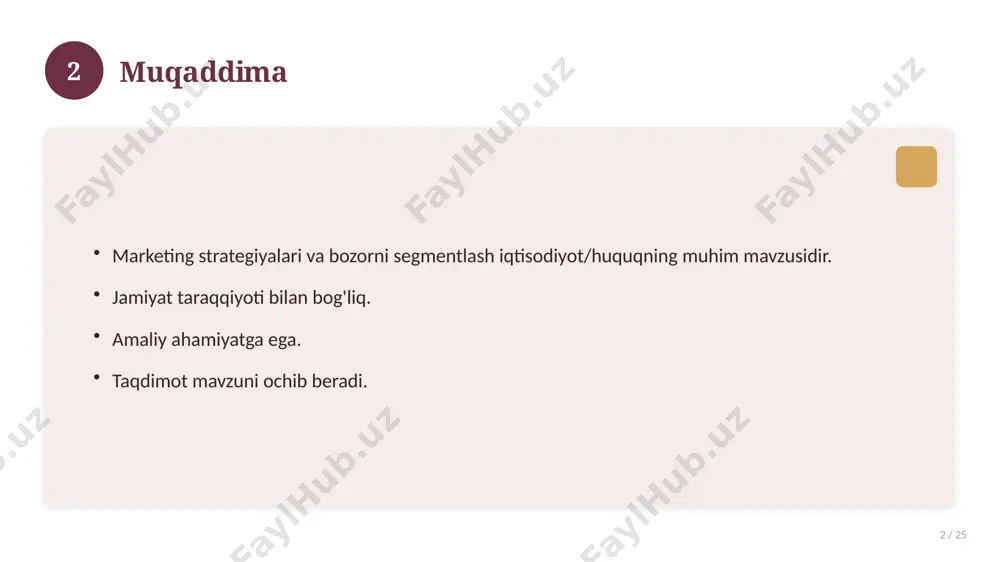 hing. ishonchli manbalardan foydalaning. bilimni amaliyotda qo'llang. natijani muntazam baholang. 18 19 tez-tez so'raladigan savollar 19 / 25 asosiy tushuncha nima? u qanday qo'llaniladi? qanday afzalliklari bor? javoblar qisqa va aniq. 19 20 eng yaxshi amaliyotlar 20 / 25 sinovdan o'tgan usullar. samarali yondashuvlar. tajriba almashish. doimiy takomillashtirish. 20 21 muammolar va yechimlar 21 / 25 mavjud muammolar. ularning sabablari. yechim yo'llari. amaliy tavsiyalar. 21 22 asosiy ko'rsatkichlar 22 / 25 ko'rsatkich holati birinchi mezon yaxshi ikkinchi mezon o'rta uchinchi mezon yuqori 22 23 amaliy misol 23 / 25 real hayotdan misol keltiriladi. bosqichlar bilan ko'rsatiladi. natija tahlil qilinadi. amaliy xulosa chiqariladi. 23 24 xulosa 24 / 25 marketing strategiyalari va bozorni segmentlash bo'yicha asosiy jihatlar yoritildi. mavzu nazariy va amaliy ahamiyatga ega. olingan bilim amaliyotda qo'llaniladi. doimiy o'rganish tavsiya etiladi. 24 25 foydalanilgan adabiyotlar 25 / 25 tegishli darslik va o'quv qo'llanmalari. ilmiy maqola va manbalar. internet va elektron …