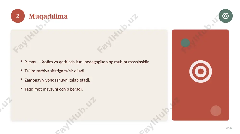 kengaymoqda. 16 17 qiyosiy tahlil 17 / 20 o'xshash hodisalar bilan solishtirish. umumiy jihatlar aniqlanadi. farqli tomonlar ko'rsatiladi. xulosalar chiqariladi. 17 18 afzallik va kamchiliklar 18 / 20 afzalliklari kamchiliklari samaradorlik murakkablik qulaylik resurs talabi tejamkorlik ayrim cheklovlar 18 19 xulosa 19 / 20 9-may — xotira va qadrlash kuni bo'yicha asosiy jihatlar yoritildi. mavzu nazariy va amaliy ahamiyatga ega. olingan bilim amaliyotda qo'llaniladi. doimiy o'rganish tavsiya etiladi. 19 20 foydalanilgan adabiyotlar 20 / 20 tegishli darslik va o'quv qo'llanmalari. ilmiy maqola va manbalar. internet va elektron resurslar. manba: soff.uz · 2026. 20 image-1-1.png image-1-2.png image-1-3.png image-1-4.png image-2-1.png image-2-2.png image-3-1.png image-3-2.png image-4-1.png image-4-2.png image-5-1.png image-5-2.png image-6-1.png image-6-2.png image-7-1.png image-8-1.png image-8-2.png image-9-1.png image-9-2.png image-10-1.png image-10-2.png image-11-1.png image-11-2.png image-12-1.png image-12-2.png image-13-1.png image-13-2.png image-14-1.png image-14-2.png image-15-1.png image-15-2.png image-16-1.png image-16-2.png image-17-1.png image-17-2.png image-18-1.png image-19-1.png image-19-2.png image-20-1.png image-20-2.png