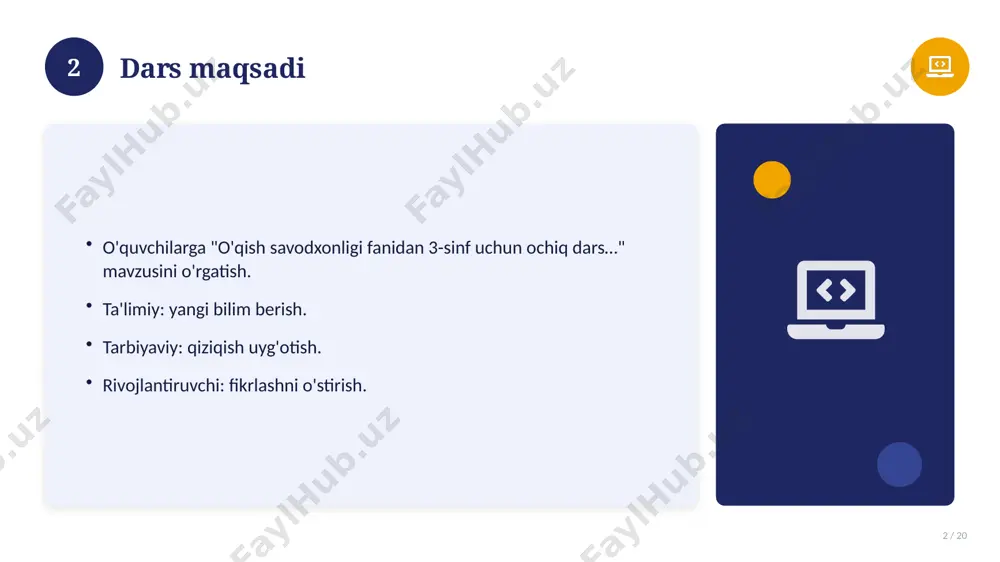 g'liq. 15 16 tarixiy rivoji 16 / 20 mavzu vaqt o'tishi bilan rivojlangan. asosiy bosqichlar kuzatiladi. muhim o'zgarishlar yuz bergan. hozirgi holatga ta'sir ko'rsatgan. 16 17 zamonaviy holati 17 / 20 bugungi kundagi ahvol. yangi yondashuvlar paydo bo'lmoqda. dolzarb tendensiyalar. amaliy qo'llanilishi kengaymoqda. 17 18 qiyosiy tahlil 18 / 20 o'xshash hodisalar bilan solishtirish. umumiy jihatlar aniqlanadi. farqli tomonlar ko'rsatiladi. xulosalar chiqariladi. 18 19 xulosa 19 / 20 o'qish savodxonligi fanidan 3-sinf uchun ochiq dars… bo'yicha asosiy jihatlar yoritildi. mavzu nazariy va amaliy ahamiyatga ega. olingan bilim amaliyotda qo'llaniladi. doimiy o'rganish tavsiya etiladi. 19 20 foydalanilgan adabiyotlar 20 / 20 tegishli darslik va o'quv qo'llanmalari. ilmiy maqola va manbalar. internet va elektron resurslar. manba: soff.uz · 2026. 20 image-1-1.png image-1-2.png image-1-3.png image-1-4.png image-2-1.png image-2-2.png image-3-1.png image-3-2.png image-4-1.png image-4-2.png image-5-1.png image-5-2.png image-6-1.png image-7-1.png image-7-2.png image-8-1.png image-8-2.png image-9-1.png image-9-2.png image-10-1.png image-10-2.png image-11-1.png image-11-2.png image-12-1.png image-12-2.png image-13-1.png image-13-2.png image-14-1.png image-14-2.png image-15-1.png image-15-2.png image-16-1.png …