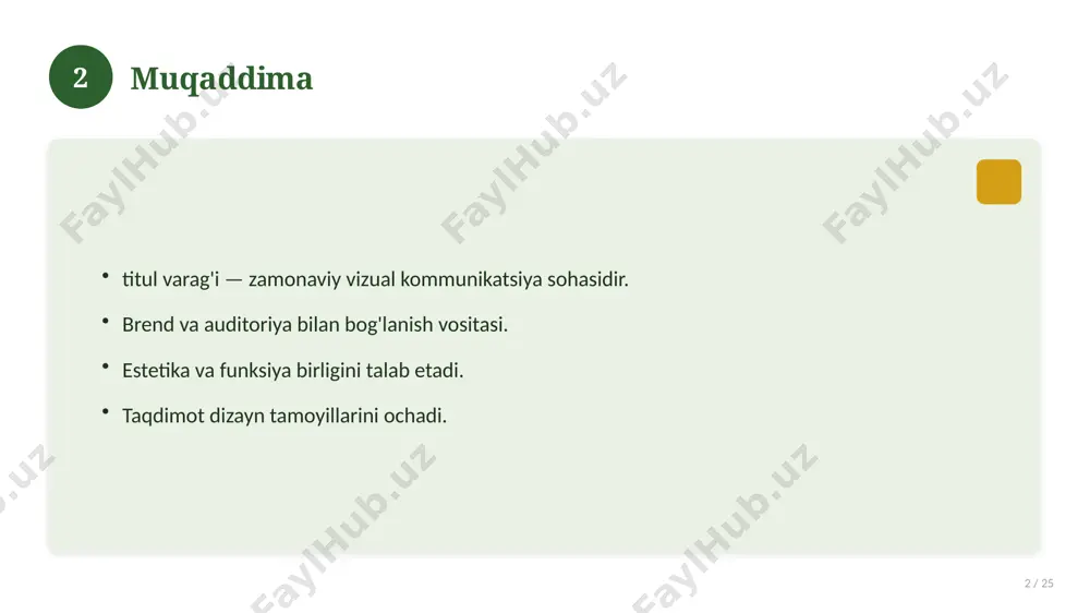 llar 19 / 25 asosiy tushuncha nima? u qanday qo'llaniladi? qanday afzalliklari bor? javoblar qisqa va aniq. 19 20 eng yaxshi amaliyotlar 20 / 25 sinovdan o'tgan usullar. samarali yondashuvlar. tajriba almashish. doimiy takomillashtirish. 20 21 muammolar va yechimlar 21 / 25 mavjud muammolar. ularning sabablari. yechim yo'llari. amaliy tavsiyalar. 21 22 asosiy ko'rsatkichlar 22 / 25 ko'rsatkich holati birinchi mezon yaxshi ikkinchi mezon o'rta uchinchi mezon yuqori 22 23 amaliy misol 23 / 25 real hayotdan misol keltiriladi. bosqichlar bilan ko'rsatiladi. natija tahlil qilinadi. amaliy xulosa chiqariladi. 23 24 xulosa 24 / 25 titul varag'i bo'yicha asosiy jihatlar yoritildi. mavzu nazariy va amaliy ahamiyatga ega. olingan bilim amaliyotda qo'llaniladi. doimiy o'rganish tavsiya etiladi. 24 25 foydalanilgan adabiyotlar 25 / 25 tegishli darslik va o'quv qo'llanmalari. ilmiy maqola va manbalar. internet va elektron resurslar. manba: soff.uz · 2026. 25