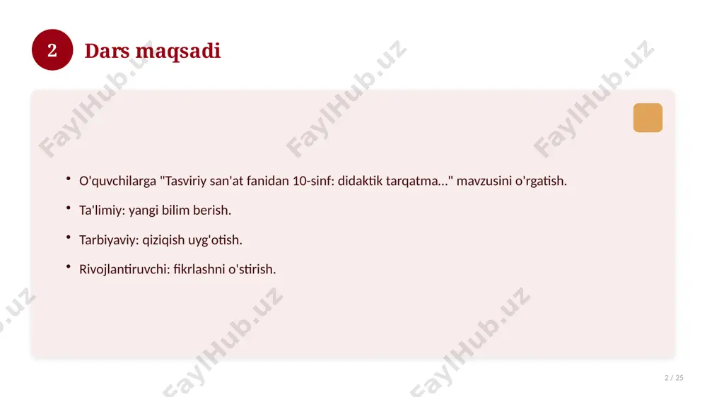 aliy mashqlar to'plami. 16 17 xatolardan saqlanish 17 / 25 keng tarqalgan xatolar. ularning sabablari. oldini olish yo'llari. to'g'ri yondashuv. 17 18 kelajak istiqbollari 18 / 25 rivojlanish yo'nalishlari. yangi imkoniyatlar. innovatsion yechimlar. uzoq muddatli ta'sir. 18 19 amaliy tavsiyalar 19 / 25 tizimli yondashing. ishonchli manbalardan foydalaning. bilimni amaliyotda qo'llang. natijani muntazam baholang. 19 20 tez-tez so'raladigan savollar 20 / 25 asosiy tushuncha nima? u qanday qo'llaniladi? qanday afzalliklari bor? javoblar qisqa va aniq. 20 21 eng yaxshi amaliyotlar 21 / 25 sinovdan o'tgan usullar. samarali yondashuvlar. tajriba almashish. doimiy takomillashtirish. 21 22 muammolar va yechimlar 22 / 25 mavjud muammolar. ularning sabablari. yechim yo'llari. amaliy tavsiyalar. 22 23 asosiy ko'rsatkichlar 23 / 25 ko'rsatkich holati birinchi mezon yaxshi ikkinchi mezon o'rta uchinchi mezon yuqori 23 24 xulosa 24 / 25 tasviriy san'at fanidan 10-sinf: didaktik tarqatma… bo'yicha asosiy jihatlar yoritildi. mavzu nazariy va amaliy ahamiyatga ega. olingan bilim …