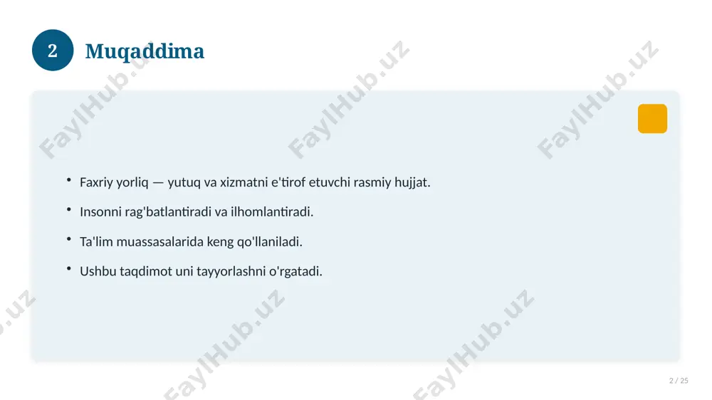 ni vaziyatga moslang. imloni albatta tekshiring. sifatli qog'ozga chop eting. 14 15 asosiy atamalar 15 / 25 faxriy yorliq maktab o'quvchilari uchun bilan bog'liq kalit tushunchalar. atamalarning aniq ta'rifi beriladi. to'g'ri qo'llash muhim. tushunchalar o'zaro bog'liq. 15 16 tarixiy rivoji 16 / 25 mavzu vaqt o'tishi bilan rivojlangan. asosiy bosqichlar kuzatiladi. muhim o'zgarishlar yuz bergan. hozirgi holatga ta'sir ko'rsatgan. 16 17 zamonaviy holati 17 / 25 bugungi kundagi ahvol. yangi yondashuvlar paydo bo'lmoqda. dolzarb tendensiyalar. amaliy qo'llanilishi kengaymoqda. 17 18 qiyosiy tahlil 18 / 25 o'xshash hodisalar bilan solishtirish. umumiy jihatlar aniqlanadi. farqli tomonlar ko'rsatiladi. xulosalar chiqariladi. 18 19 afzallik va kamchiliklar 19 / 25 afzalliklari kamchiliklari samaradorlik murakkablik qulaylik resurs talabi tejamkorlik ayrim cheklovlar 19 20 bosqichma-bosqich yondashuv 20 / 25 1-bosqich: tayyorgarlik. 2-bosqich: amalga oshirish. 3-bosqich: tahlil. 4-bosqich: xulosa. 20 21 amaliy misol 21 / 25 real hayotdan misol keltiriladi. bosqichlar bilan ko'rsatiladi. natija tahlil qilinadi. amaliy xulosa …