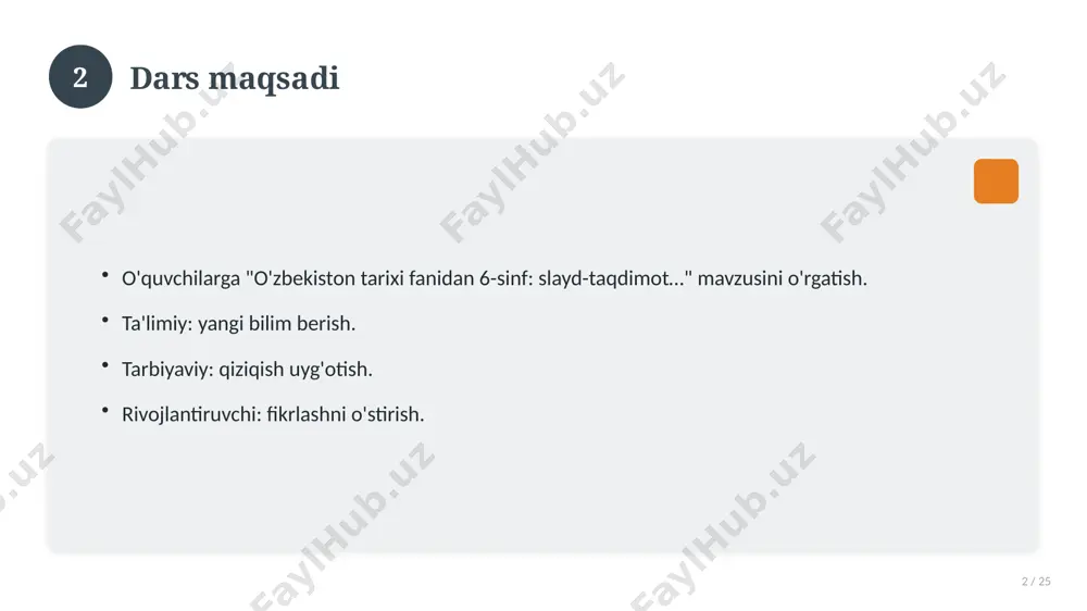 liy mashqlar to'plami. 16 17 xatolardan saqlanish 17 / 25 keng tarqalgan xatolar. ularning sabablari. oldini olish yo'llari. to'g'ri yondashuv. 17 18 kelajak istiqbollari 18 / 25 rivojlanish yo'nalishlari. yangi imkoniyatlar. innovatsion yechimlar. uzoq muddatli ta'sir. 18 19 amaliy tavsiyalar 19 / 25 tizimli yondashing. ishonchli manbalardan foydalaning. bilimni amaliyotda qo'llang. natijani muntazam baholang. 19 20 tez-tez so'raladigan savollar 20 / 25 asosiy tushuncha nima? u qanday qo'llaniladi? qanday afzalliklari bor? javoblar qisqa va aniq. 20 21 eng yaxshi amaliyotlar 21 / 25 sinovdan o'tgan usullar. samarali yondashuvlar. tajriba almashish. doimiy takomillashtirish. 21 22 muammolar va yechimlar 22 / 25 mavjud muammolar. ularning sabablari. yechim yo'llari. amaliy tavsiyalar. 22 23 asosiy ko'rsatkichlar 23 / 25 ko'rsatkich holati birinchi mezon yaxshi ikkinchi mezon o'rta uchinchi mezon yuqori 23 24 xulosa 24 / 25 o'zbekiston tarixi fanidan 6-sinf: slayd-taqdimot… bo'yicha asosiy jihatlar yoritildi. mavzu nazariy va amaliy ahamiyatga ega. olingan bilim amaliyotda …