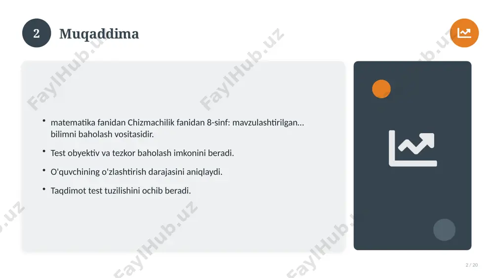 sinf: mavzulashtirilgan… bilan bog'liq kalit tushunchalar. atamalarning aniq ta'rifi beriladi. to'g'ri qo'llash muhim. tushunchalar o'zaro bog'liq. 14 15 tarixiy rivoji 15 / 20 mavzu vaqt o'tishi bilan rivojlangan. asosiy bosqichlar kuzatiladi. muhim o'zgarishlar yuz bergan. hozirgi holatga ta'sir ko'rsatgan. 15 16 zamonaviy holati 16 / 20 bugungi kundagi ahvol. yangi yondashuvlar paydo bo'lmoqda. dolzarb tendensiyalar. amaliy qo'llanilishi kengaymoqda. 16 17 qiyosiy tahlil 17 / 20 o'xshash hodisalar bilan solishtirish. umumiy jihatlar aniqlanadi. farqli tomonlar ko'rsatiladi. xulosalar chiqariladi. 17 18 afzallik va kamchiliklar 18 / 20 afzalliklari kamchiliklari samaradorlik murakkablik qulaylik resurs talabi tejamkorlik ayrim cheklovlar 18 19 xulosa 19 / 20 chizmachilik fanidan 8-sinf: mavzulashtirilgan… bo'yicha asosiy jihatlar yoritildi. mavzu nazariy va amaliy ahamiyatga ega. olingan bilim amaliyotda qo'llaniladi. doimiy o'rganish tavsiya etiladi. 19 20 foydalanilgan adabiyotlar 20 / 20 tegishli darslik va o'quv qo'llanmalari. ilmiy maqola va manbalar. internet va elektron resurslar. manba: soff.uz · 2026. 20 image-1-1.png image-1-2.png …