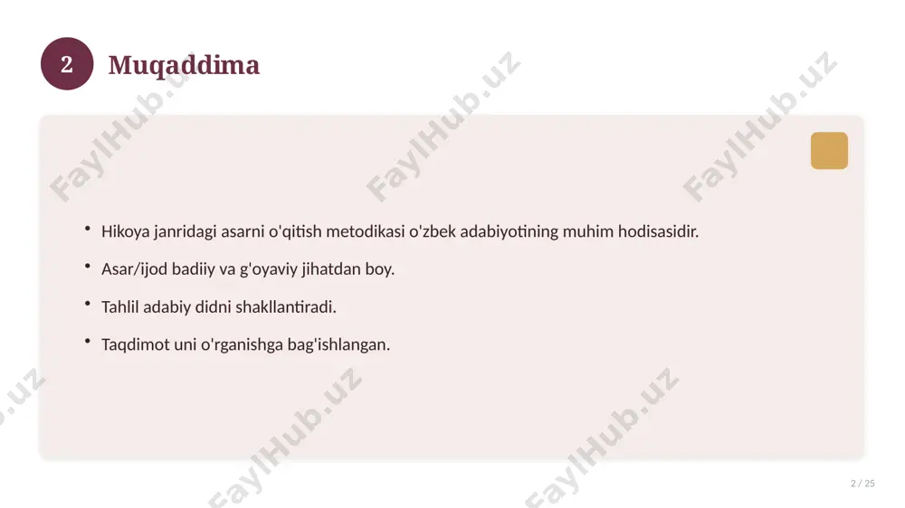 yangi yondashuvlar paydo bo'lmoqda. dolzarb tendensiyalar. amaliy qo'llanilishi kengaymoqda. 16 17 qiyosiy tahlil 17 / 25 o'xshash hodisalar bilan solishtirish. umumiy jihatlar aniqlanadi. farqli tomonlar ko'rsatiladi. xulosalar chiqariladi. 17 18 afzallik va kamchiliklar 18 / 25 afzalliklari kamchiliklari samaradorlik murakkablik qulaylik resurs talabi tejamkorlik ayrim cheklovlar 18 19 bosqichma-bosqich yondashuv 19 / 25 1-bosqich: tayyorgarlik. 2-bosqich: amalga oshirish. 3-bosqich: tahlil. 4-bosqich: xulosa. 19 20 amaliy misol 20 / 25 real hayotdan misol keltiriladi. bosqichlar bilan ko'rsatiladi. natija tahlil qilinadi. amaliy xulosa chiqariladi. 20 21 asosiy ko'rsatkichlar 21 / 25 ko'rsatkich holati birinchi mezon yaxshi ikkinchi mezon o'rta uchinchi mezon yuqori 21 22 muammolar va yechimlar 22 / 25 mavjud muammolar. ularning sabablari. yechim yo'llari. amaliy tavsiyalar. 22 23 eng yaxshi amaliyotlar 23 / 25 sinovdan o'tgan usullar. samarali yondashuvlar. tajriba almashish. doimiy takomillashtirish. 23 24 xulosa 24 / 25 hikoya janridagi asarni o'qitish metodikasi bo'yicha asosiy jihatlar yoritildi. mavzu nazariy …