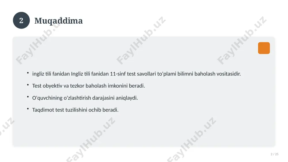 lar. amaliy jihatlar. yakuniy xulosalar. 14 15 qo'shimcha resurslar 15 / 25 darslik va qo'llanmalar. onlayn manbalar. video darslar. amaliy mashqlar to'plami. 15 16 xatolardan saqlanish 16 / 25 keng tarqalgan xatolar. ularning sabablari. oldini olish yo'llari. to'g'ri yondashuv. 16 17 kelajak istiqbollari 17 / 25 rivojlanish yo'nalishlari. yangi imkoniyatlar. innovatsion yechimlar. uzoq muddatli ta'sir. 17 18 amaliy tavsiyalar 18 / 25 tizimli yondashing. ishonchli manbalardan foydalaning. bilimni amaliyotda qo'llang. natijani muntazam baholang. 18 19 tez-tez so'raladigan savollar 19 / 25 asosiy tushuncha nima? u qanday qo'llaniladi? qanday afzalliklari bor? javoblar qisqa va aniq. 19 20 eng yaxshi amaliyotlar 20 / 25 sinovdan o'tgan usullar. samarali yondashuvlar. tajriba almashish. doimiy takomillashtirish. 20 21 muammolar va yechimlar 21 / 25 mavjud muammolar. ularning sabablari. yechim yo'llari. amaliy tavsiyalar. 21 22 asosiy ko'rsatkichlar 22 / 25 ko'rsatkich holati birinchi mezon yaxshi ikkinchi mezon o'rta uchinchi mezon yuqori 22 23 amaliy misol 23 …