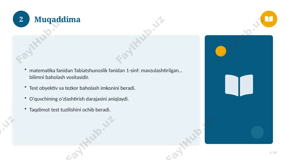 anidan 1-sinf: mavzulashtirilgan… bilan bog'liq kalit tushunchalar. atamalarning aniq ta'rifi beriladi. to'g'ri qo'llash muhim. tushunchalar o'zaro bog'liq. 14 15 tarixiy rivoji 15 / 20 mavzu vaqt o'tishi bilan rivojlangan. asosiy bosqichlar kuzatiladi. muhim o'zgarishlar yuz bergan. hozirgi holatga ta'sir ko'rsatgan. 15 16 zamonaviy holati 16 / 20 bugungi kundagi ahvol. yangi yondashuvlar paydo bo'lmoqda. dolzarb tendensiyalar. amaliy qo'llanilishi kengaymoqda. 16 17 qiyosiy tahlil 17 / 20 o'xshash hodisalar bilan solishtirish. umumiy jihatlar aniqlanadi. farqli tomonlar ko'rsatiladi. xulosalar chiqariladi. 17 18 afzallik va kamchiliklar 18 / 20 afzalliklari kamchiliklari samaradorlik murakkablik qulaylik resurs talabi tejamkorlik ayrim cheklovlar 18 19 xulosa 19 / 20 tabiatshunoslik fanidan 1-sinf: mavzulashtirilgan… bo'yicha asosiy jihatlar yoritildi. mavzu nazariy va amaliy ahamiyatga ega. olingan bilim amaliyotda qo'llaniladi. doimiy o'rganish tavsiya etiladi. 19 20 foydalanilgan adabiyotlar 20 / 20 tegishli darslik va o'quv qo'llanmalari. ilmiy maqola va manbalar. internet va elektron resurslar. manba: soff.uz · 2026. 20 image-1-1.png …