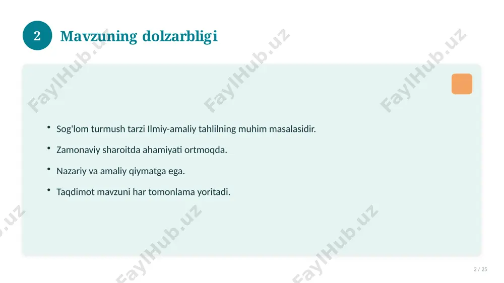 / 25 tizimli yondashing. ishonchli manbalardan foydalaning. bilimni amaliyotda qo'llang. natijani muntazam baholang. 18 19 tez-tez so'raladigan savollar 19 / 25 asosiy tushuncha nima? u qanday qo'llaniladi? qanday afzalliklari bor? javoblar qisqa va aniq. 19 20 eng yaxshi amaliyotlar 20 / 25 sinovdan o'tgan usullar. samarali yondashuvlar. tajriba almashish. doimiy takomillashtirish. 20 21 muammolar va yechimlar 21 / 25 mavjud muammolar. ularning sabablari. yechim yo'llari. amaliy tavsiyalar. 21 22 asosiy ko'rsatkichlar 22 / 25 ko'rsatkich holati birinchi mezon yaxshi ikkinchi mezon o'rta uchinchi mezon yuqori 22 23 amaliy misol 23 / 25 real hayotdan misol keltiriladi. bosqichlar bilan ko'rsatiladi. natija tahlil qilinadi. amaliy xulosa chiqariladi. 23 24 xulosa 24 / 25 sog'lom turmush tarzi bo'yicha asosiy jihatlar yoritildi. mavzu nazariy va amaliy ahamiyatga ega. olingan bilim amaliyotda qo'llaniladi. doimiy o'rganish tavsiya etiladi. 24 25 foydalanilgan adabiyotlar 25 / 25 tegishli darslik va o'quv qo'llanmalari. ilmiy maqola va manbalar. internet va …