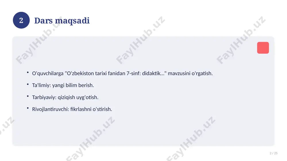 mashqlar to'plami. 16 17 xatolardan saqlanish 17 / 25 keng tarqalgan xatolar. ularning sabablari. oldini olish yo'llari. to'g'ri yondashuv. 17 18 kelajak istiqbollari 18 / 25 rivojlanish yo'nalishlari. yangi imkoniyatlar. innovatsion yechimlar. uzoq muddatli ta'sir. 18 19 amaliy tavsiyalar 19 / 25 tizimli yondashing. ishonchli manbalardan foydalaning. bilimni amaliyotda qo'llang. natijani muntazam baholang. 19 20 tez-tez so'raladigan savollar 20 / 25 asosiy tushuncha nima? u qanday qo'llaniladi? qanday afzalliklari bor? javoblar qisqa va aniq. 20 21 eng yaxshi amaliyotlar 21 / 25 sinovdan o'tgan usullar. samarali yondashuvlar. tajriba almashish. doimiy takomillashtirish. 21 22 muammolar va yechimlar 22 / 25 mavjud muammolar. ularning sabablari. yechim yo'llari. amaliy tavsiyalar. 22 23 asosiy ko'rsatkichlar 23 / 25 ko'rsatkich holati birinchi mezon yaxshi ikkinchi mezon o'rta uchinchi mezon yuqori 23 24 xulosa 24 / 25 o'zbekiston tarixi fanidan 7-sinf: didaktik… bo'yicha asosiy jihatlar yoritildi. mavzu nazariy va amaliy ahamiyatga ega. olingan bilim amaliyotda qo'llaniladi. …