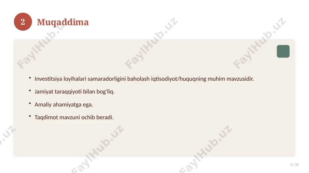 ashing. ishonchli manbalardan foydalaning. bilimni amaliyotda qo'llang. natijani muntazam baholang. 18 19 tez-tez so'raladigan savollar 19 / 25 asosiy tushuncha nima? u qanday qo'llaniladi? qanday afzalliklari bor? javoblar qisqa va aniq. 19 20 eng yaxshi amaliyotlar 20 / 25 sinovdan o'tgan usullar. samarali yondashuvlar. tajriba almashish. doimiy takomillashtirish. 20 21 muammolar va yechimlar 21 / 25 mavjud muammolar. ularning sabablari. yechim yo'llari. amaliy tavsiyalar. 21 22 asosiy ko'rsatkichlar 22 / 25 ko'rsatkich holati birinchi mezon yaxshi ikkinchi mezon o'rta uchinchi mezon yuqori 22 23 amaliy misol 23 / 25 real hayotdan misol keltiriladi. bosqichlar bilan ko'rsatiladi. natija tahlil qilinadi. amaliy xulosa chiqariladi. 23 24 xulosa 24 / 25 investitsiya loyihalari samaradorligini baholash bo'yicha asosiy jihatlar yoritildi. mavzu nazariy va amaliy ahamiyatga ega. olingan bilim amaliyotda qo'llaniladi. doimiy o'rganish tavsiya etiladi. 24 25 foydalanilgan adabiyotlar 25 / 25 tegishli darslik va o'quv qo'llanmalari. ilmiy maqola va manbalar. internet va elektron resurslar. …