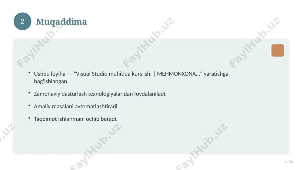 5 qisqacha takrorlash 15 / 25 asosiy fikrlar. muhim tushunchalar. amaliy jihatlar. yakuniy xulosalar. 15 16 qo'shimcha resurslar 16 / 25 darslik va qo'llanmalar. onlayn manbalar. video darslar. amaliy mashqlar to'plami. 16 17 xatolardan saqlanish 17 / 25 keng tarqalgan xatolar. ularning sabablari. oldini olish yo'llari. to'g'ri yondashuv. 17 18 kelajak istiqbollari 18 / 25 rivojlanish yo'nalishlari. yangi imkoniyatlar. innovatsion yechimlar. uzoq muddatli ta'sir. 18 19 amaliy tavsiyalar 19 / 25 tizimli yondashing. ishonchli manbalardan foydalaning. bilimni amaliyotda qo'llang. natijani muntazam baholang. 19 20 tez-tez so'raladigan savollar 20 / 25 asosiy tushuncha nima? u qanday qo'llaniladi? qanday afzalliklari bor? javoblar qisqa va aniq. 20 21 eng yaxshi amaliyotlar 21 / 25 sinovdan o'tgan usullar. samarali yondashuvlar. tajriba almashish. doimiy takomillashtirish. 21 22 muammolar va yechimlar 22 / 25 mavjud muammolar. ularning sabablari. yechim yo'llari. amaliy tavsiyalar. 22 23 asosiy ko'rsatkichlar 23 / 25 ko'rsatkich holati birinchi mezon yaxshi ikkinchi mezon …