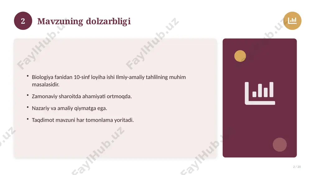 amaliy qo'llanilishi kengaymoqda. 16 17 qiyosiy tahlil 17 / 20 o'xshash hodisalar bilan solishtirish. umumiy jihatlar aniqlanadi. farqli tomonlar ko'rsatiladi. xulosalar chiqariladi. 17 18 afzallik va kamchiliklar 18 / 20 afzalliklari kamchiliklari samaradorlik murakkablik qulaylik resurs talabi tejamkorlik ayrim cheklovlar 18 19 xulosa 19 / 20 biologiya fanidan 10-sinf loyiha ishi bo'yicha asosiy jihatlar yoritildi. mavzu nazariy va amaliy ahamiyatga ega. olingan bilim amaliyotda qo'llaniladi. doimiy o'rganish tavsiya etiladi. 19 20 foydalanilgan adabiyotlar 20 / 20 tegishli darslik va o'quv qo'llanmalari. ilmiy maqola va manbalar. internet va elektron resurslar. manba: soff.uz · 2026. 20 image-1-1.png image-1-2.png image-1-3.png image-1-4.png image-2-1.png image-2-2.png image-3-1.png image-3-2.png image-4-1.png image-4-2.png image-5-1.png image-5-2.png image-6-1.png image-6-2.png image-7-1.png image-7-2.png image-8-1.png image-9-1.png image-9-2.png image-10-1.png image-10-2.png image-11-1.png image-11-2.png image-12-1.png image-12-2.png image-13-1.png image-13-2.png image-14-1.png image-14-2.png image-15-1.png image-15-2.png image-16-1.png image-16-2.png image-17-1.png image-17-2.png image-18-1.png image-19-1.png image-19-2.png image-20-1.png image-20-2.png