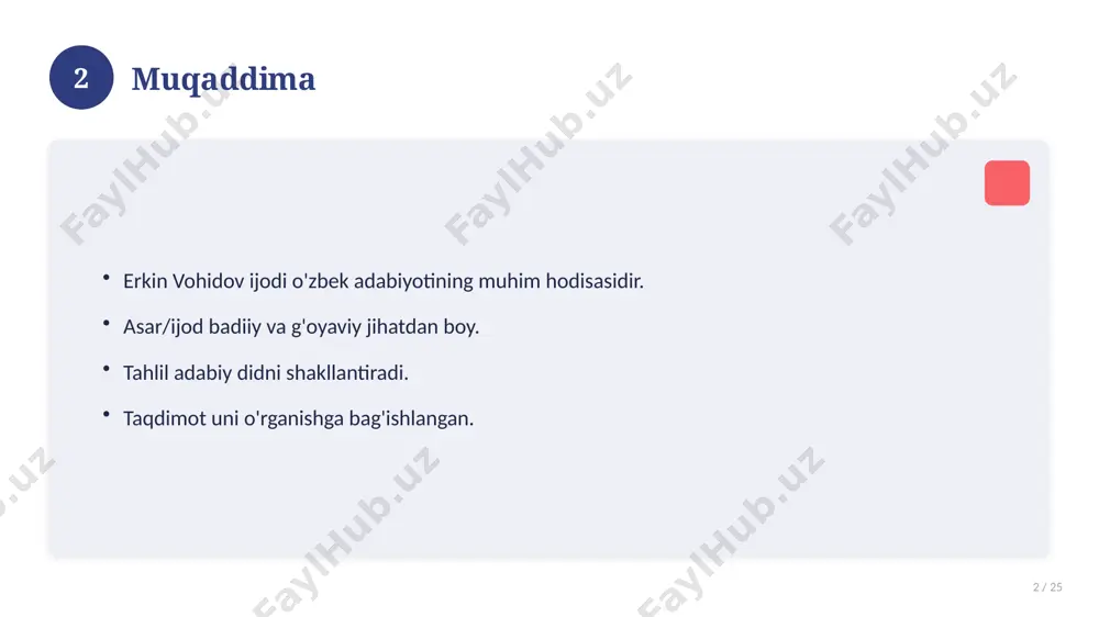 atli ta'sir. 17 18 amaliy tavsiyalar 18 / 25 tizimli yondashing. ishonchli manbalardan foydalaning. bilimni amaliyotda qo'llang. natijani muntazam baholang. 18 19 tez-tez so'raladigan savollar 19 / 25 asosiy tushuncha nima? u qanday qo'llaniladi? qanday afzalliklari bor? javoblar qisqa va aniq. 19 20 eng yaxshi amaliyotlar 20 / 25 sinovdan o'tgan usullar. samarali yondashuvlar. tajriba almashish. doimiy takomillashtirish. 20 21 muammolar va yechimlar 21 / 25 mavjud muammolar. ularning sabablari. yechim yo'llari. amaliy tavsiyalar. 21 22 asosiy ko'rsatkichlar 22 / 25 ko'rsatkich holati birinchi mezon yaxshi ikkinchi mezon o'rta uchinchi mezon yuqori 22 23 amaliy misol 23 / 25 real hayotdan misol keltiriladi. bosqichlar bilan ko'rsatiladi. natija tahlil qilinadi. amaliy xulosa chiqariladi. 23 24 xulosa 24 / 25 erkin vohidov ijodi bo'yicha asosiy jihatlar yoritildi. mavzu nazariy va amaliy ahamiyatga ega. olingan bilim amaliyotda qo'llaniladi. doimiy o'rganish tavsiya etiladi. 24 25 foydalanilgan adabiyotlar 25 / 25 tegishli darslik va o'quv …