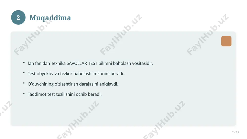 . tushunchalar o'zaro bog'liq. 14 15 tarixiy rivoji 15 / 25 mavzu vaqt o'tishi bilan rivojlangan. asosiy bosqichlar kuzatiladi. muhim o'zgarishlar yuz bergan. hozirgi holatga ta'sir ko'rsatgan. 15 16 zamonaviy holati 16 / 25 bugungi kundagi ahvol. yangi yondashuvlar paydo bo'lmoqda. dolzarb tendensiyalar. amaliy qo'llanilishi kengaymoqda. 16 17 qiyosiy tahlil 17 / 25 o'xshash hodisalar bilan solishtirish. umumiy jihatlar aniqlanadi. farqli tomonlar ko'rsatiladi. xulosalar chiqariladi. 17 18 afzallik va kamchiliklar 18 / 25 afzalliklari kamchiliklari samaradorlik murakkablik qulaylik resurs talabi tejamkorlik ayrim cheklovlar 18 19 bosqichma-bosqich yondashuv 19 / 25 1-bosqich: tayyorgarlik. 2-bosqich: amalga oshirish. 3-bosqich: tahlil. 4-bosqich: xulosa. 19 20 amaliy misol 20 / 25 real hayotdan misol keltiriladi. bosqichlar bilan ko'rsatiladi. natija tahlil qilinadi. amaliy xulosa chiqariladi. 20 21 asosiy ko'rsatkichlar 21 / 25 ko'rsatkich holati birinchi mezon yaxshi ikkinchi mezon o'rta uchinchi mezon yuqori 21 22 muammolar va yechimlar 22 / 25 mavjud muammolar. ularning sabablari. yechim …