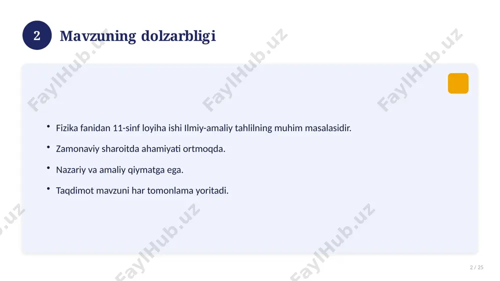 17 18 amaliy tavsiyalar 18 / 25 tizimli yondashing. ishonchli manbalardan foydalaning. bilimni amaliyotda qo'llang. natijani muntazam baholang. 18 19 tez-tez so'raladigan savollar 19 / 25 asosiy tushuncha nima? u qanday qo'llaniladi? qanday afzalliklari bor? javoblar qisqa va aniq. 19 20 eng yaxshi amaliyotlar 20 / 25 sinovdan o'tgan usullar. samarali yondashuvlar. tajriba almashish. doimiy takomillashtirish. 20 21 muammolar va yechimlar 21 / 25 mavjud muammolar. ularning sabablari. yechim yo'llari. amaliy tavsiyalar. 21 22 asosiy ko'rsatkichlar 22 / 25 ko'rsatkich holati birinchi mezon yaxshi ikkinchi mezon o'rta uchinchi mezon yuqori 22 23 amaliy misol 23 / 25 real hayotdan misol keltiriladi. bosqichlar bilan ko'rsatiladi. natija tahlil qilinadi. amaliy xulosa chiqariladi. 23 24 xulosa 24 / 25 fizika fanidan 11-sinf loyiha ishi bo'yicha asosiy jihatlar yoritildi. mavzu nazariy va amaliy ahamiyatga ega. olingan bilim amaliyotda qo'llaniladi. doimiy o'rganish tavsiya etiladi. 24 25 foydalanilgan adabiyotlar 25 / 25 tegishli darslik va o'quv …