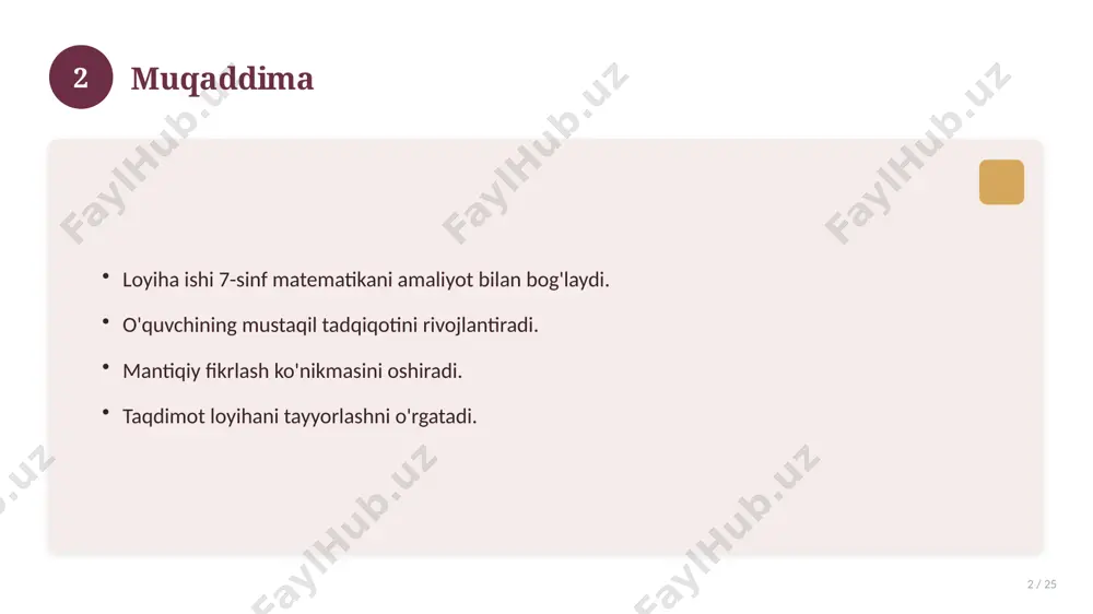 ngan. asosiy bosqichlar kuzatiladi. muhim o'zgarishlar yuz bergan. hozirgi holatga ta'sir ko'rsatgan. 15 16 zamonaviy holati 16 / 25 bugungi kundagi ahvol. yangi yondashuvlar paydo bo'lmoqda. dolzarb tendensiyalar. amaliy qo'llanilishi kengaymoqda. 16 17 qiyosiy tahlil 17 / 25 o'xshash hodisalar bilan solishtirish. umumiy jihatlar aniqlanadi. farqli tomonlar ko'rsatiladi. xulosalar chiqariladi. 17 18 afzallik va kamchiliklar 18 / 25 afzalliklari kamchiliklari samaradorlik murakkablik qulaylik resurs talabi tejamkorlik ayrim cheklovlar 18 19 bosqichma-bosqich yondashuv 19 / 25 1-bosqich: tayyorgarlik. 2-bosqich: amalga oshirish. 3-bosqich: tahlil. 4-bosqich: xulosa. 19 20 amaliy misol 20 / 25 real hayotdan misol keltiriladi. bosqichlar bilan ko'rsatiladi. natija tahlil qilinadi. amaliy xulosa chiqariladi. 20 21 asosiy ko'rsatkichlar 21 / 25 ko'rsatkich holati birinchi mezon yaxshi ikkinchi mezon o'rta uchinchi mezon yuqori 21 22 muammolar va yechimlar 22 / 25 mavjud muammolar. ularning sabablari. yechim yo'llari. amaliy tavsiyalar. 22 23 eng yaxshi amaliyotlar 23 / 25 sinovdan o'tgan usullar. samarali …