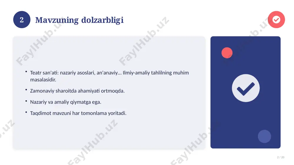 ondashuvlar paydo bo'lmoqda. dolzarb tendensiyalar. amaliy qo'llanilishi kengaymoqda. 16 17 qiyosiy tahlil 17 / 20 o'xshash hodisalar bilan solishtirish. umumiy jihatlar aniqlanadi. farqli tomonlar ko'rsatiladi. xulosalar chiqariladi. 17 18 afzallik va kamchiliklar 18 / 20 afzalliklari kamchiliklari samaradorlik murakkablik qulaylik resurs talabi tejamkorlik ayrim cheklovlar 18 19 xulosa 19 / 20 teatr san'ati: nazariy asoslari, an'anaviy… bo'yicha asosiy jihatlar yoritildi. mavzu nazariy va amaliy ahamiyatga ega. olingan bilim amaliyotda qo'llaniladi. doimiy o'rganish tavsiya etiladi. 19 20 foydalanilgan adabiyotlar 20 / 20 1. [muallif. asar nomi. nashriyot, yil]. 2. [muallif. maqola nomi. jurnal, yil, betlar]. 3. [elektron resurs / sayt manzili]. eslatma: manbalarni o'z ishingizga moslab to'ldiring. 20 image-1-1.png image-1-2.png image-1-3.png image-1-4.png image-2-1.png image-2-2.png image-3-1.png image-3-2.png image-4-1.png image-4-2.png image-5-1.png image-5-2.png image-6-1.png image-6-2.png image-7-1.png image-7-2.png image-8-1.png image-9-1.png image-9-2.png image-10-1.png image-10-2.png image-11-1.png image-11-2.png image-12-1.png image-12-2.png image-13-1.png image-13-2.png image-14-1.png image-14-2.png image-15-1.png image-15-2.png image-16-1.png image-16-2.png image-17-1.png image-17-2.png image-18-1.png image-19-1.png image-19-2.png image-20-1.png image-20-2.png