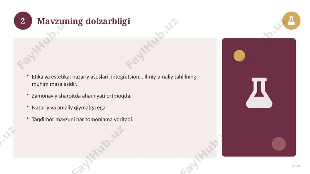 naviy holati 16 / 20 bugungi kundagi ahvol. yangi yondashuvlar paydo bo'lmoqda. dolzarb tendensiyalar. amaliy qo'llanilishi kengaymoqda. 16 17 qiyosiy tahlil 17 / 20 o'xshash hodisalar bilan solishtirish. umumiy jihatlar aniqlanadi. farqli tomonlar ko'rsatiladi. xulosalar chiqariladi. 17 18 afzallik va kamchiliklar 18 / 20 afzalliklari kamchiliklari samaradorlik murakkablik qulaylik resurs talabi tejamkorlik ayrim cheklovlar 18 19 xulosa 19 / 20 etika va estetika: nazariy asoslari, integratsion… bo'yicha asosiy jihatlar yoritildi. mavzu nazariy va amaliy ahamiyatga ega. olingan bilim amaliyotda qo'llaniladi. doimiy o'rganish tavsiya etiladi. 19 20 foydalanilgan adabiyotlar 20 / 20 1. [muallif. asar nomi. nashriyot, yil]. 2. [muallif. maqola nomi. jurnal, yil, betlar]. 3. [elektron resurs / sayt manzili]. eslatma: manbalarni o'z ishingizga moslab to'ldiring. 20 image-1-1.png image-1-2.png image-1-3.png image-1-4.png image-2-1.png image-2-2.png image-3-1.png image-3-2.png image-4-1.png image-4-2.png image-5-1.png image-5-2.png image-6-1.png image-6-2.png image-7-1.png image-7-2.png image-8-1.png image-9-1.png image-9-2.png image-10-1.png image-10-2.png image-11-1.png image-11-2.png image-12-1.png image-12-2.png image-13-1.png image-13-2.png image-14-1.png image-14-2.png image-15-1.png image-15-2.png image-16-1.png image-16-2.png …