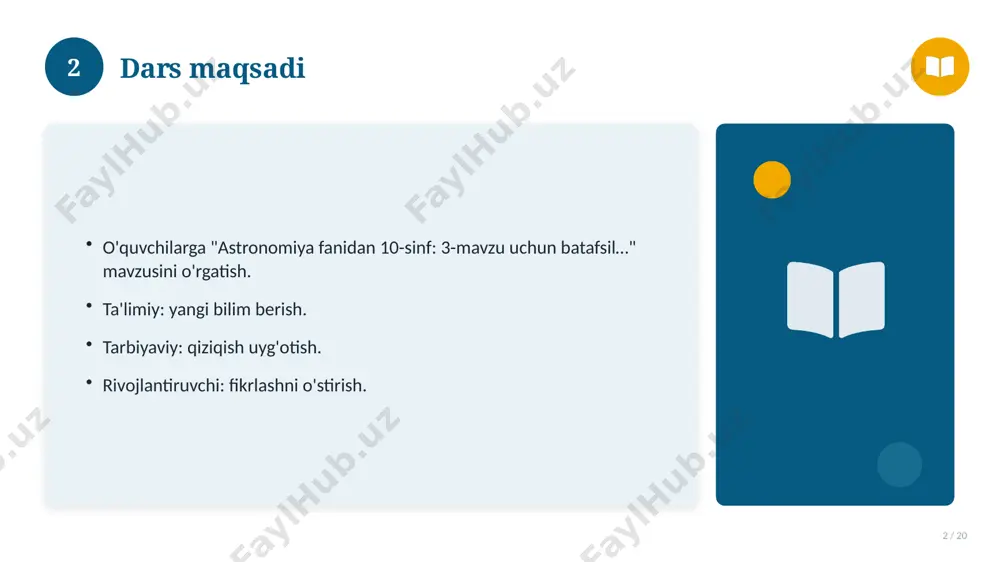 ro bog'liq. 15 16 tarixiy rivoji 16 / 20 mavzu vaqt o'tishi bilan rivojlangan. asosiy bosqichlar kuzatiladi. muhim o'zgarishlar yuz bergan. hozirgi holatga ta'sir ko'rsatgan. 16 17 zamonaviy holati 17 / 20 bugungi kundagi ahvol. yangi yondashuvlar paydo bo'lmoqda. dolzarb tendensiyalar. amaliy qo'llanilishi kengaymoqda. 17 18 qiyosiy tahlil 18 / 20 o'xshash hodisalar bilan solishtirish. umumiy jihatlar aniqlanadi. farqli tomonlar ko'rsatiladi. xulosalar chiqariladi. 18 19 xulosa 19 / 20 astronomiya fanidan 10-sinf: 3-mavzu uchun batafsil… bo'yicha asosiy jihatlar yoritildi. mavzu nazariy va amaliy ahamiyatga ega. olingan bilim amaliyotda qo'llaniladi. doimiy o'rganish tavsiya etiladi. 19 20 foydalanilgan adabiyotlar 20 / 20 tegishli darslik va o'quv qo'llanmalari. ilmiy maqola va manbalar. internet va elektron resurslar. manba: soff.uz · 2026. 20 image-1-1.png image-1-2.png image-1-3.png image-1-4.png image-2-1.png image-2-2.png image-3-1.png image-3-2.png image-4-1.png image-4-2.png image-5-1.png image-5-2.png image-6-1.png image-7-1.png image-7-2.png image-8-1.png image-8-2.png image-9-1.png image-9-2.png image-10-1.png image-10-2.png image-11-1.png image-11-2.png image-12-1.png image-12-2.png image-13-1.png image-13-2.png image-14-1.png image-14-2.png image-15-1.png image-15-2.png image-16-1.png …